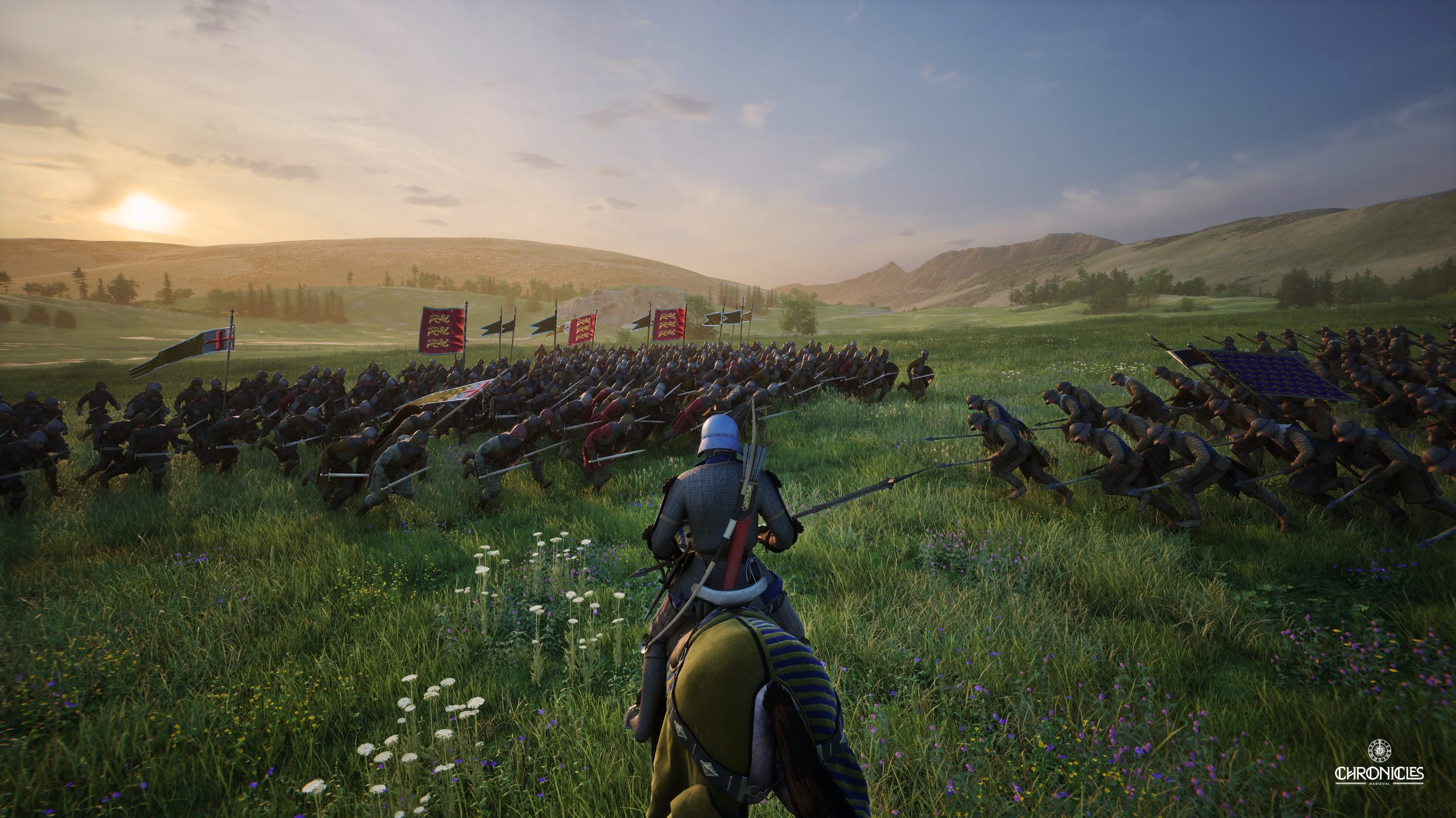 A knight on horseback leads soldiers into battle in the game Chronicles: Medieval.