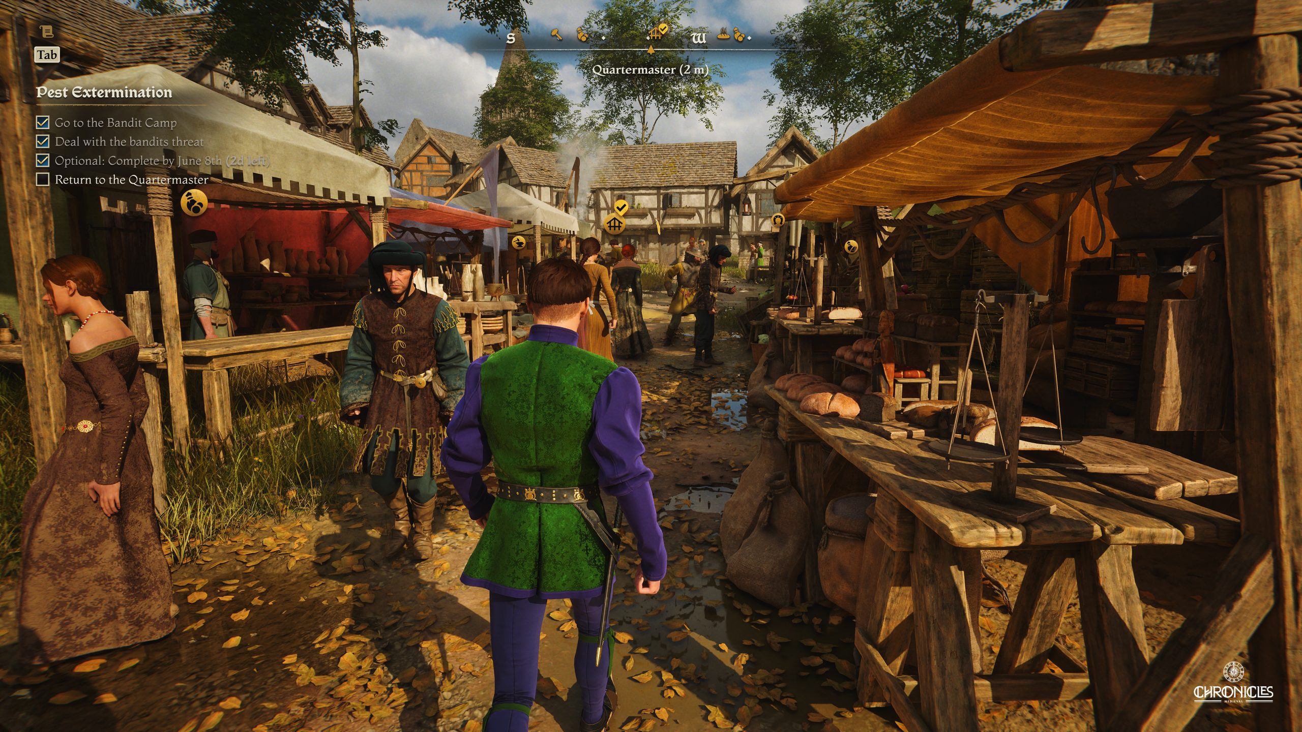 A character in the game Chronicles: Medieval walks through a medieval village marketplace, with a quest titled 'Pest Extermination' displayed on the left side of the screen.