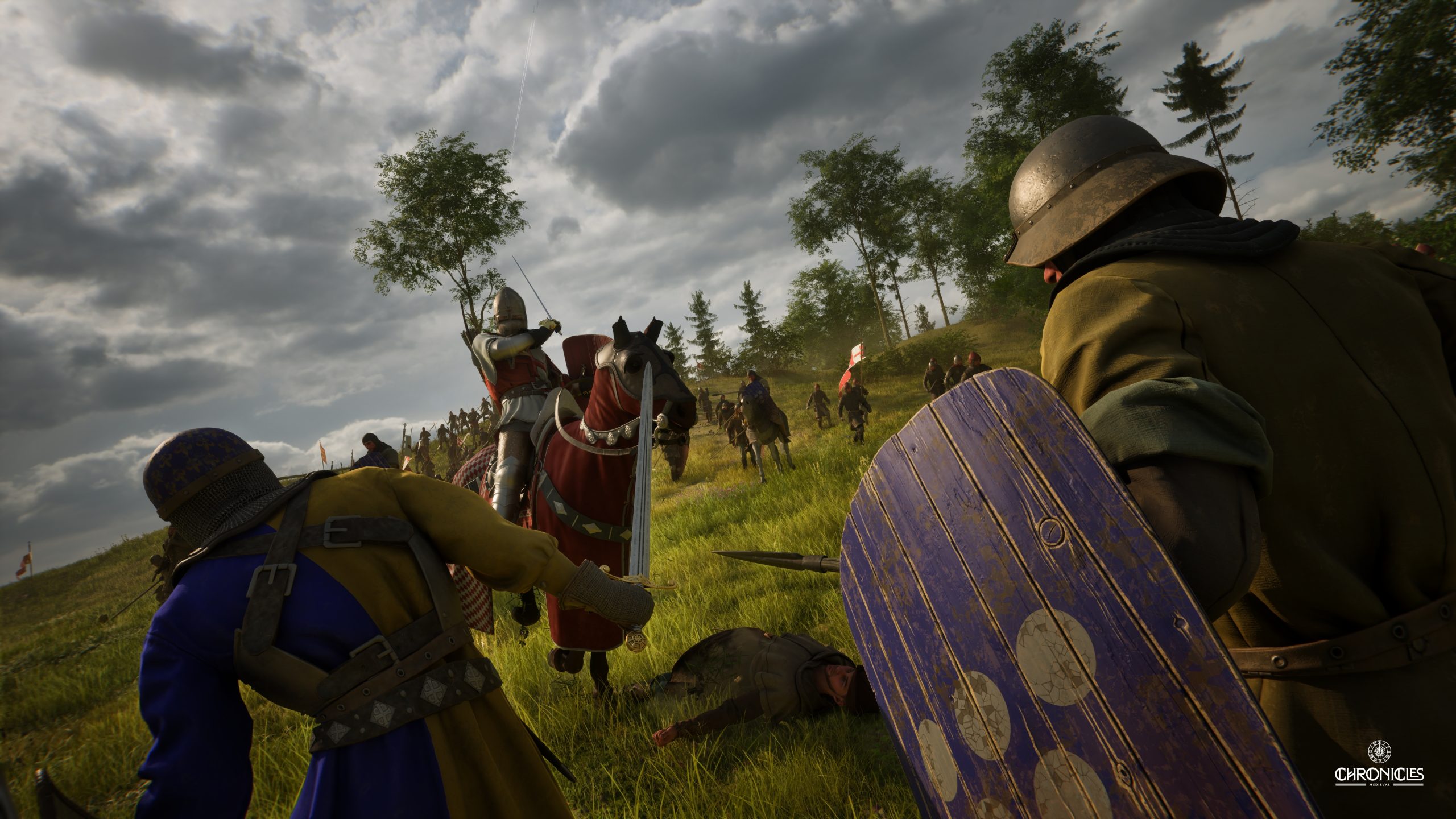 A medieval battle scene from the game Chronicles shows knights in combat with swords, shields, and a red-armored soldier on horseback.