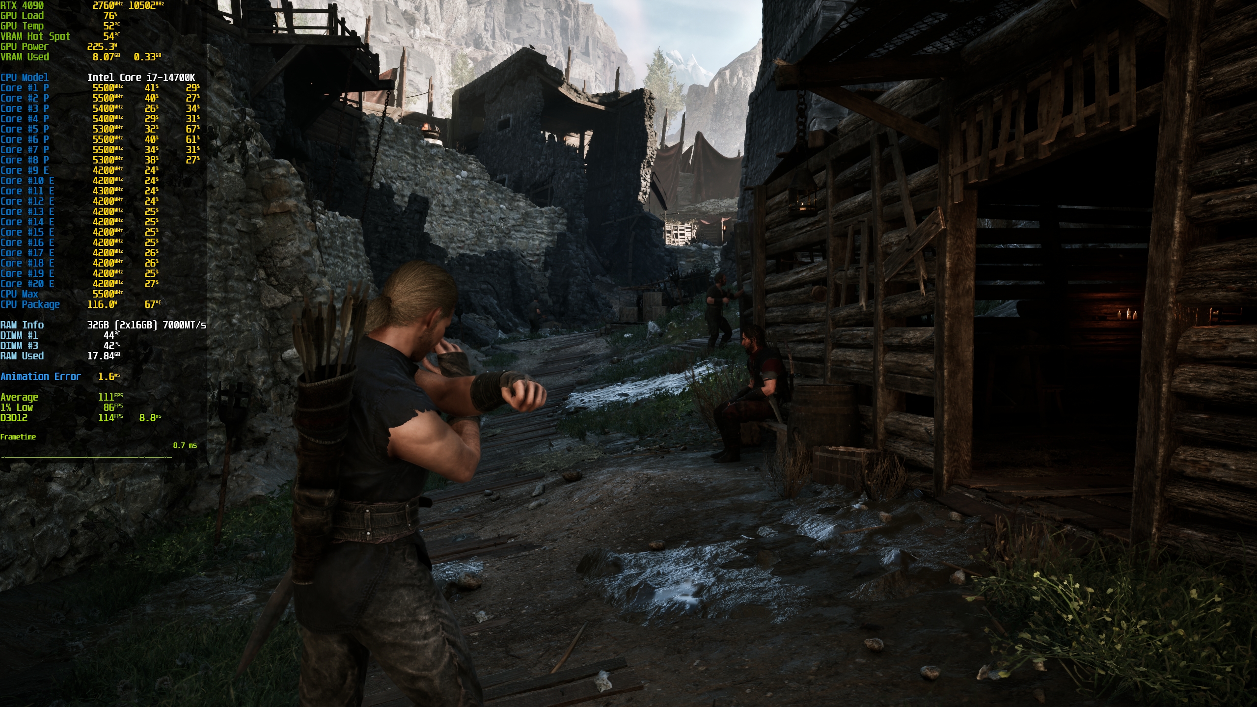 A character in a medieval village scene from a game is captured on a screen with system information displaying an 'RTX 4090' and 'Intel Core i7-14700K' at 111 FPS.