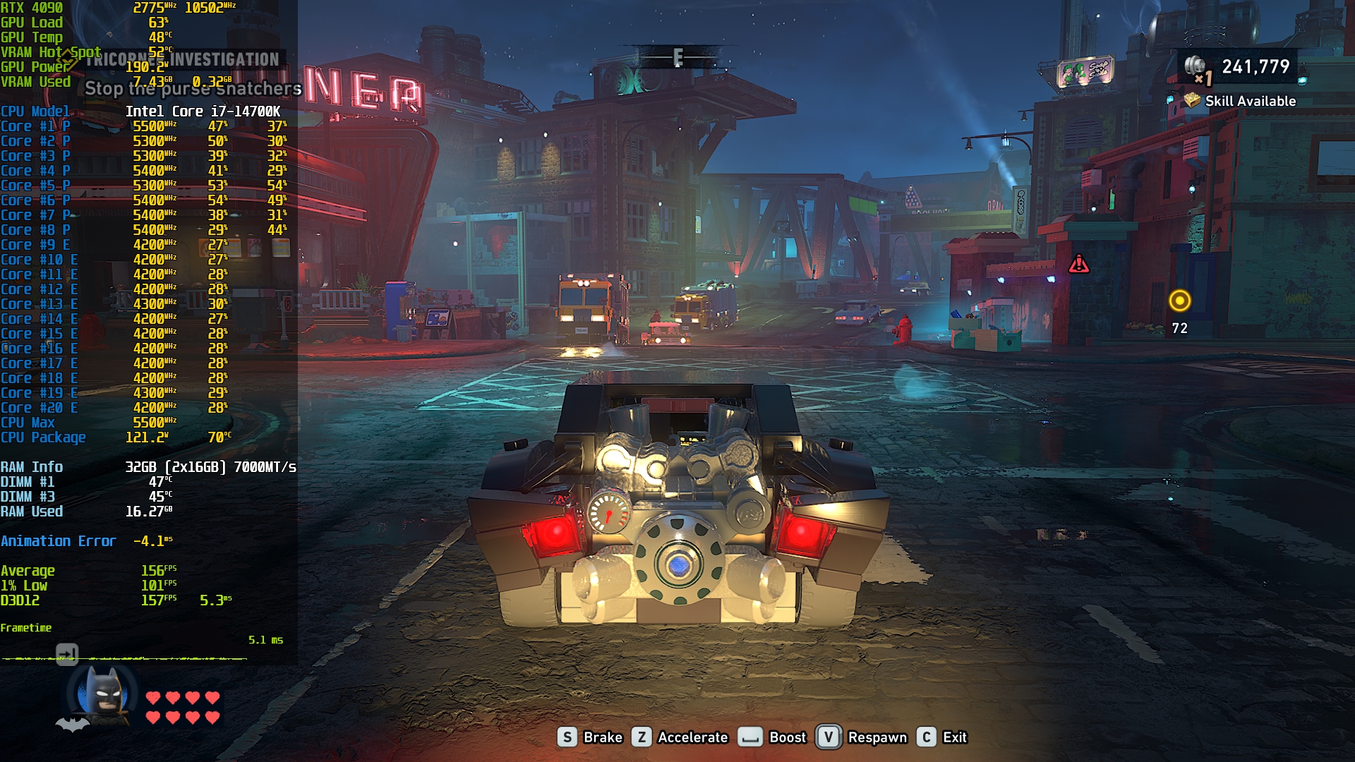 A Batman-themed game scene with an on-screen Batmobile driving through a city, featuring visible performance metrics such as an 'Intel Core i7-14700K' processor and an 'RTX 4090' GPU, along with CPU and GPU temperatures and frame rates, averaging 156 FPS.