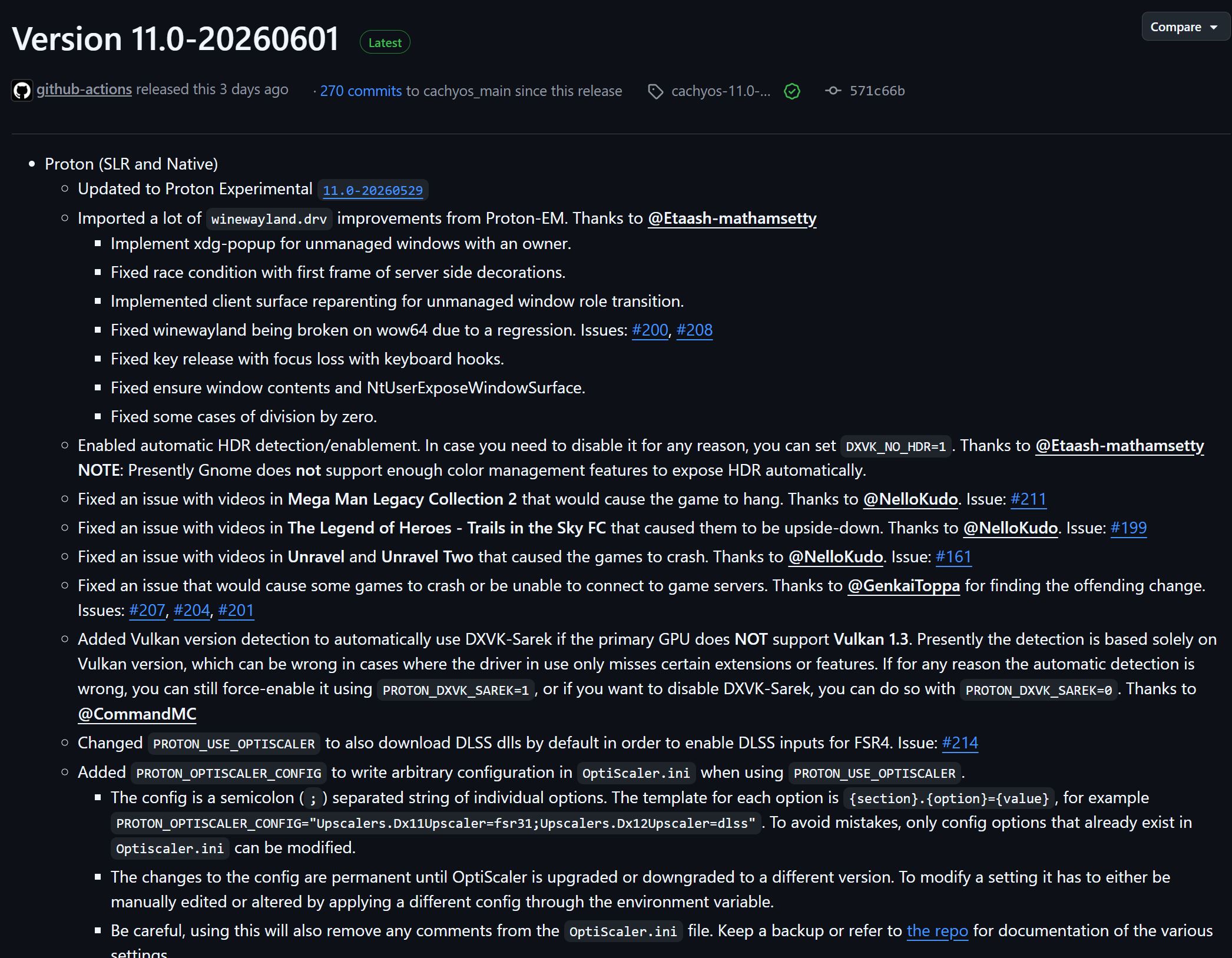 A changelog for Version 11.0-20260601 includes updates to Proton Experimental and improvements to 'winewayland.drv', HDR detection, and Vulkan version detection for DVXK-Sarek.