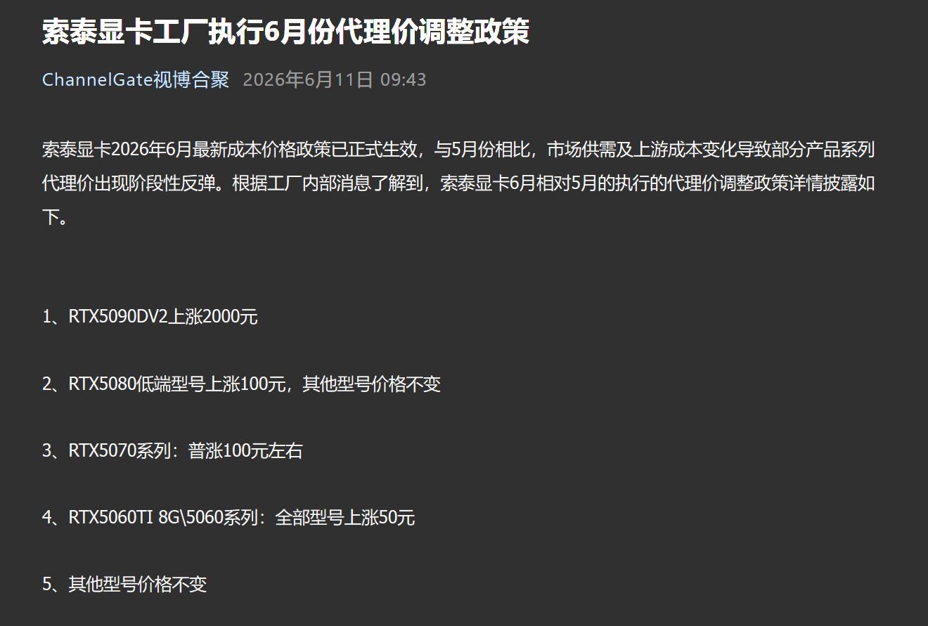 A list of price adjustments for graphics cards including 'RTX5090DV2' and 'RTX5080' models, with varying increases in June 2026 compared to May.