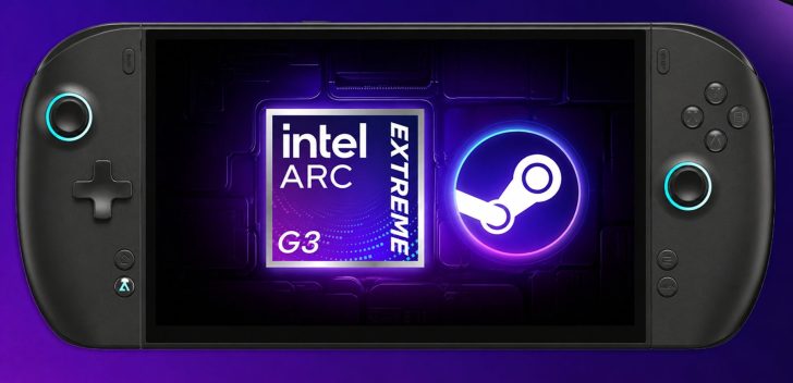 A gaming handheld device displays the 'Intel Arc Extreme G3' logo alongside the Steam logo on its screen.