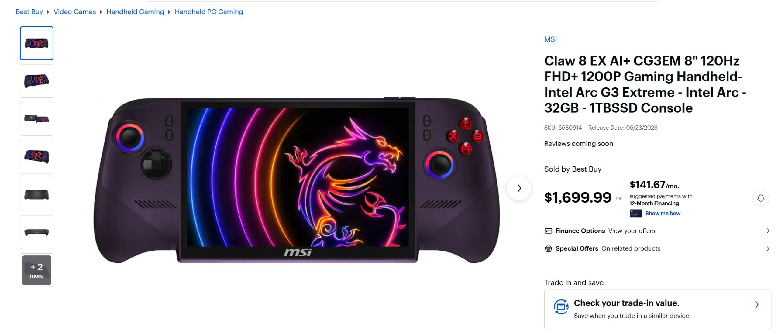 The image shows the MSI Claw 8 EX AI+ CG3EM, an 8-inch 120Hz FHD+ handheld gaming console, displaying a vibrant neon dragon design on its screen, priced at $1,699.99 on Best Buy.