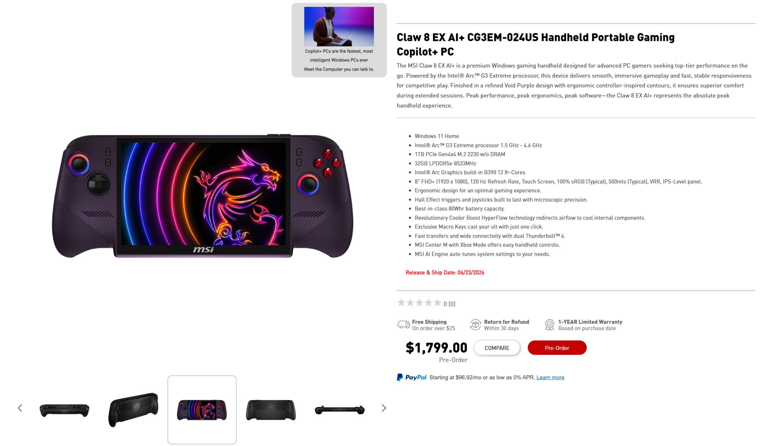The MSI Claw 8 EX AI+ CG3EM-024US handheld gaming device in Void Purple is displayed with its screen showing a colorful dragon design and listed features including Intel ArcTM C3 processor, 32GB LPDDR5x-8533MHz, and 1TB PCIe Gen4x4 M.2 storage, available for pre-order at $1,799.00.