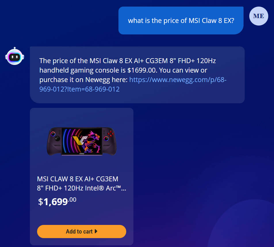 A conversation screenshot shows a query about the price of the MSI Claw 8 EX followed by the response that it's $1699, alongside an image and details of the MSI Claw 8 EX AI+ CG3EM 8 FHD+ 120Hz gaming console with a price tag.