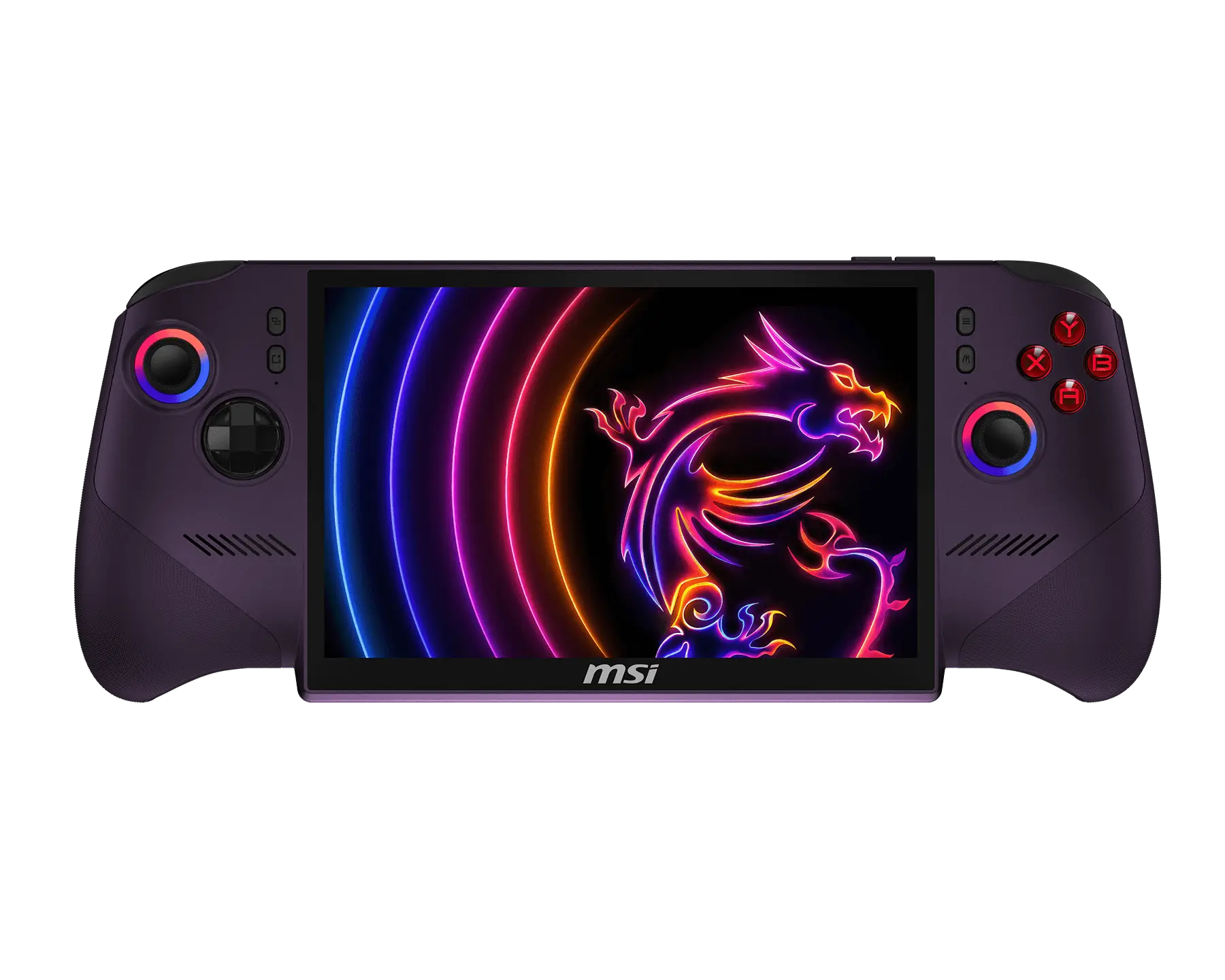 The MSI handheld gaming console displays a vibrant neon dragon logo on its screen.
