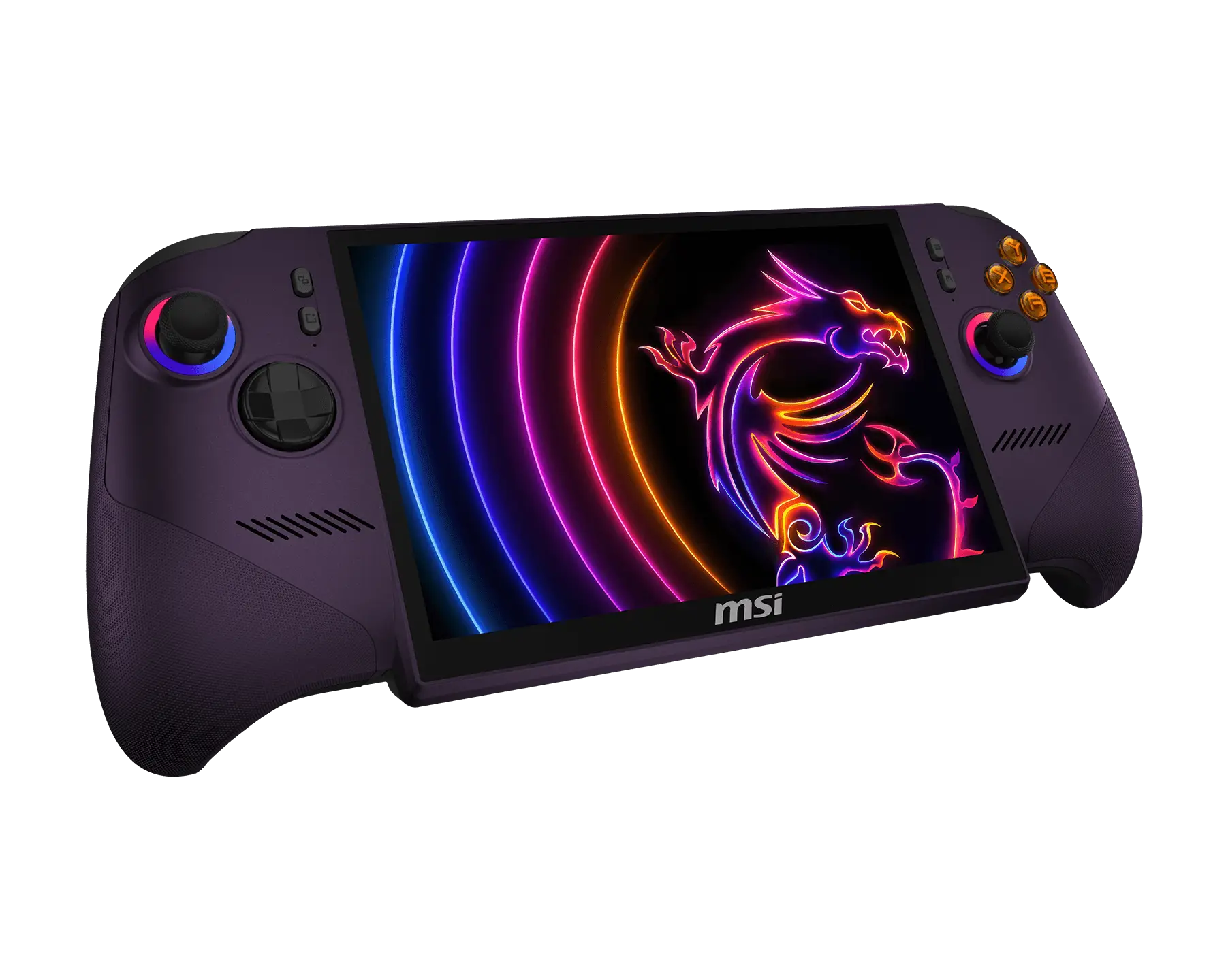 An MSI handheld gaming console displays a neon MSI dragon logo on its screen.