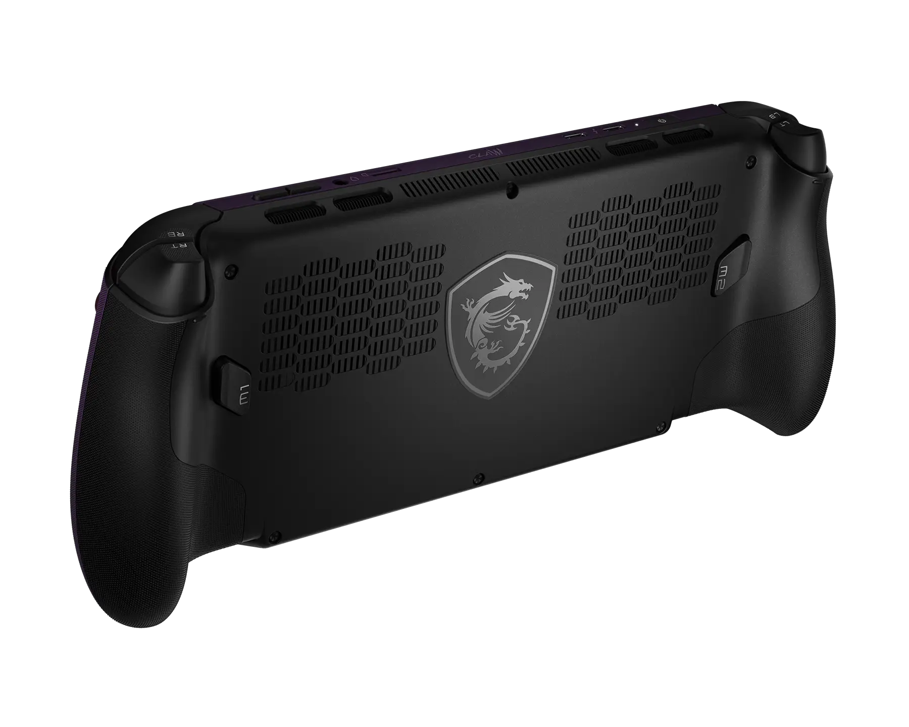 The back view of an MSI portable gaming device featuring a dragon logo and ventilation grills.