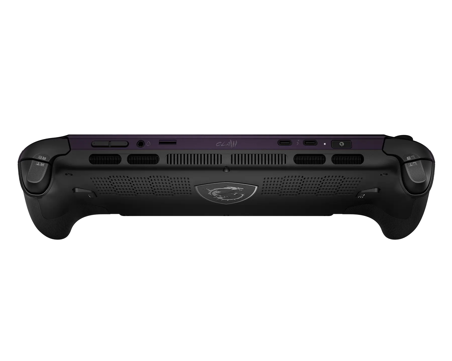 The back view of an MSI handheld console labeled 'CLAW' showing multiple ports and buttons, including USB-C and audio jack connections.
