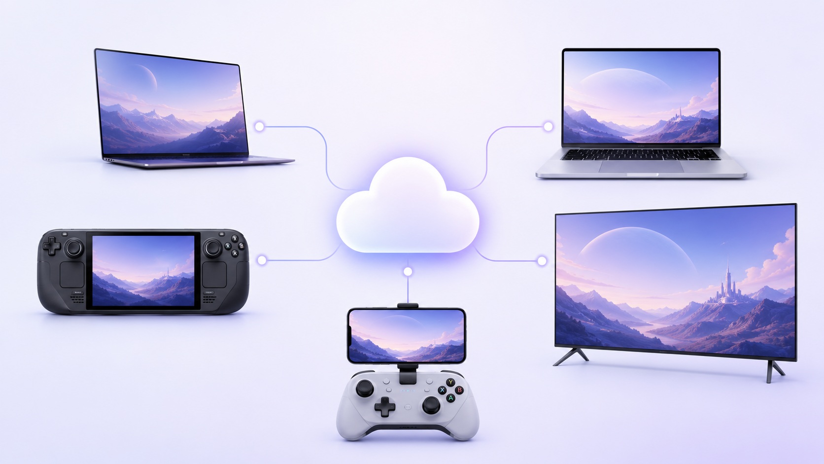 A cloud is connected to a laptop, portable gaming console, smartphone on a controller, and a TV, all displaying the same fantasy landscape with mountains.