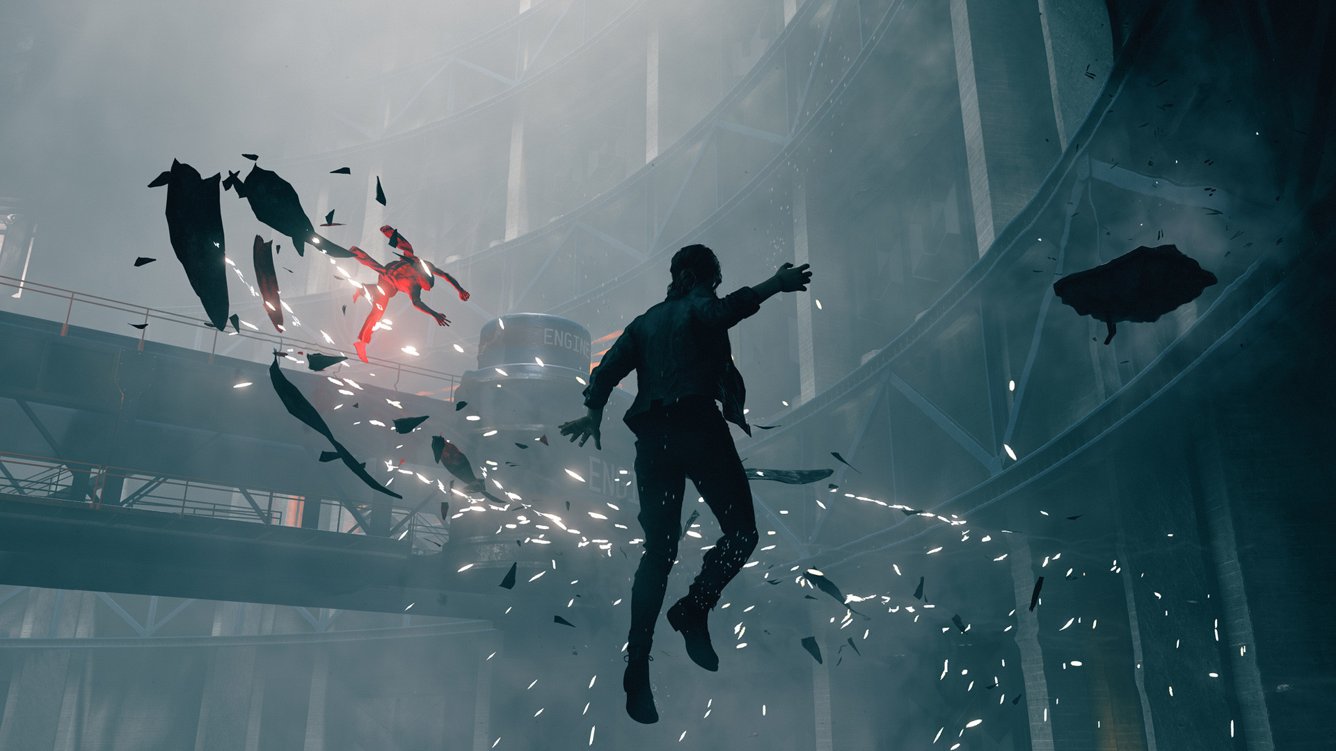 A character in 'Control' levitating and using telekinetic powers against an enemy in a large industrial facility.