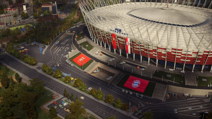 Aerial view of a stadium in the game 'Cities: Skylines,' featuring large Arsenal and Bayern Munich banners outside.