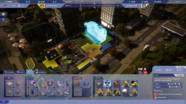 The game interface of Urban Playground shows a layout for building a park in Warsaw, with options for 'Catering,' 'Safety,' 'Fun,' and 'Business,' and a holographic structure preview.