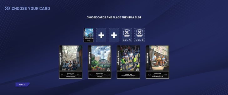 The game interface shows card choices labeled 'Loyalty Divided,' 'Praga Boost,' 'Safety Budget,' and 'Pub Crawl,' with text stating 'CHOOSE YOUR CARD' and 'CHOOSE CARDS AND PLACE THEM IN A SLOT.'
