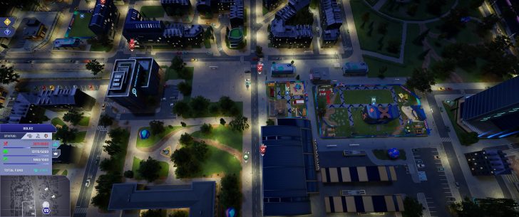 A top-down view of a nighttime city map in a simulation game shows roads, buildings, and park areas, with an interface in the lower left corner displaying 'SOLEC' and status bars.
