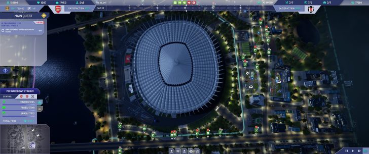 A top-down view of the PGE Narodowy Stadium in a city-building game interface, showing the main quest 'Ultras March: Full Control—Part 3' and various management stats like satisfaction and total fans.