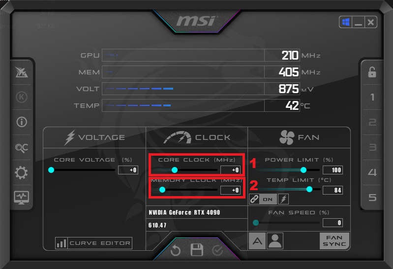 MSI software interface displays settings for an NVIDIA GeForce RTX 4090 with core clock adjustments labeled 'CORE CLOCK (MHz)' and 'MEMORY CLOCK (MHz)'.