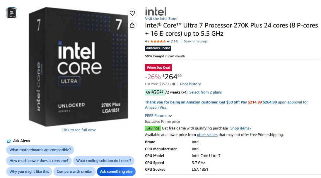 A product listing for the Intel Core Ultra 7 Processor 270K Plus, featuring 24 cores and up to 5.5 GHz, with a Prime Day Deal priced at $264.99, showing the box and purchase options.