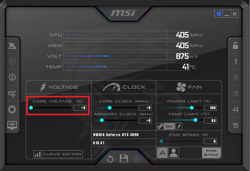 An MSI overclocking interface displays settings for an NVIDIA GeForce RTX 4090, showing 'Core Voltage (+0%)', GPU and MEM frequencies at 405 MHz, and a temperature of 41°C.