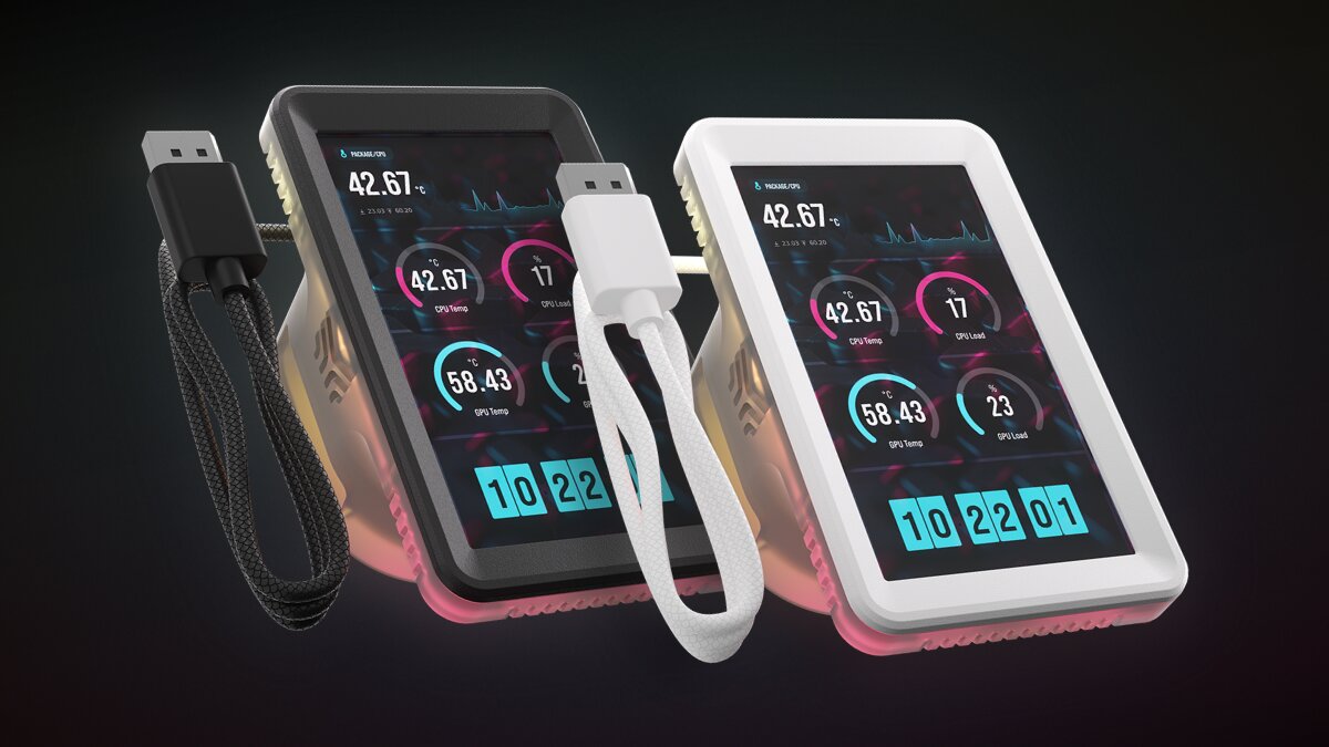 Dual cooling monitors display '42.67°C' CPU temperature and '58.43°C' GPU temperature, each connected with USB cables, showing '10:22:01' time.