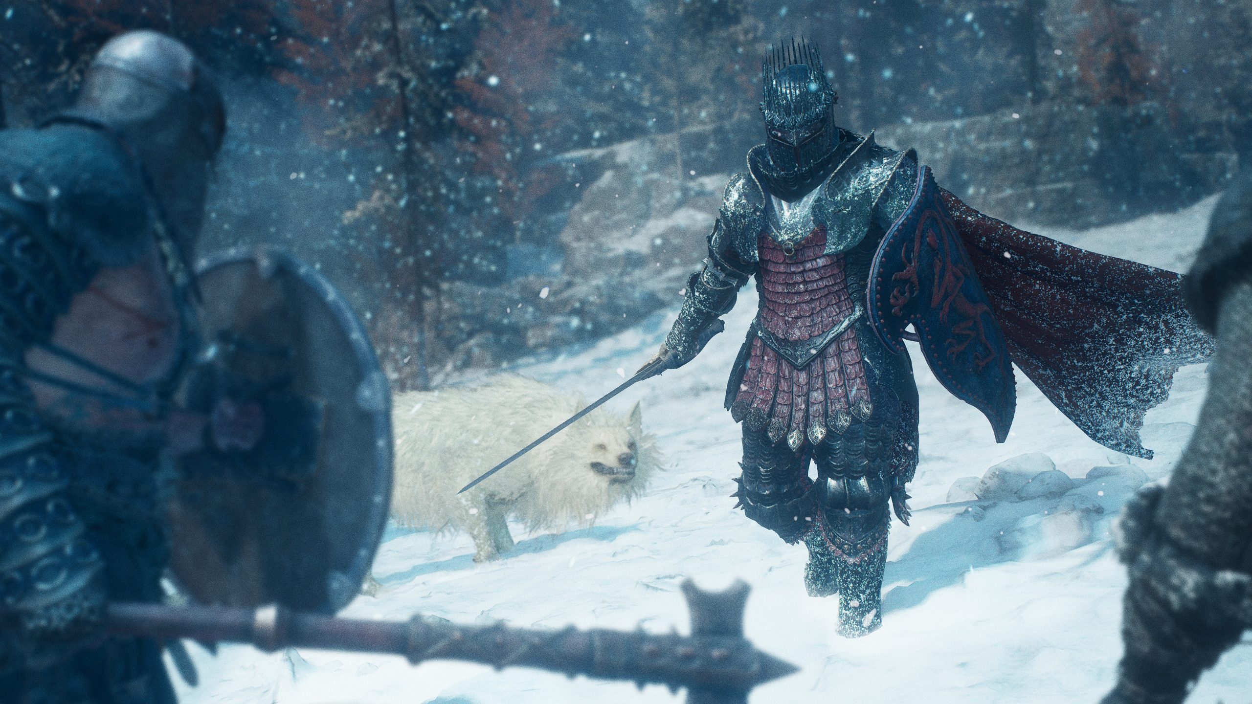 A warrior in ornate armor with a spiked helmet approaches with a sword in a snowy battlefield, while a white wolf and another armed figure are visible in the scene.