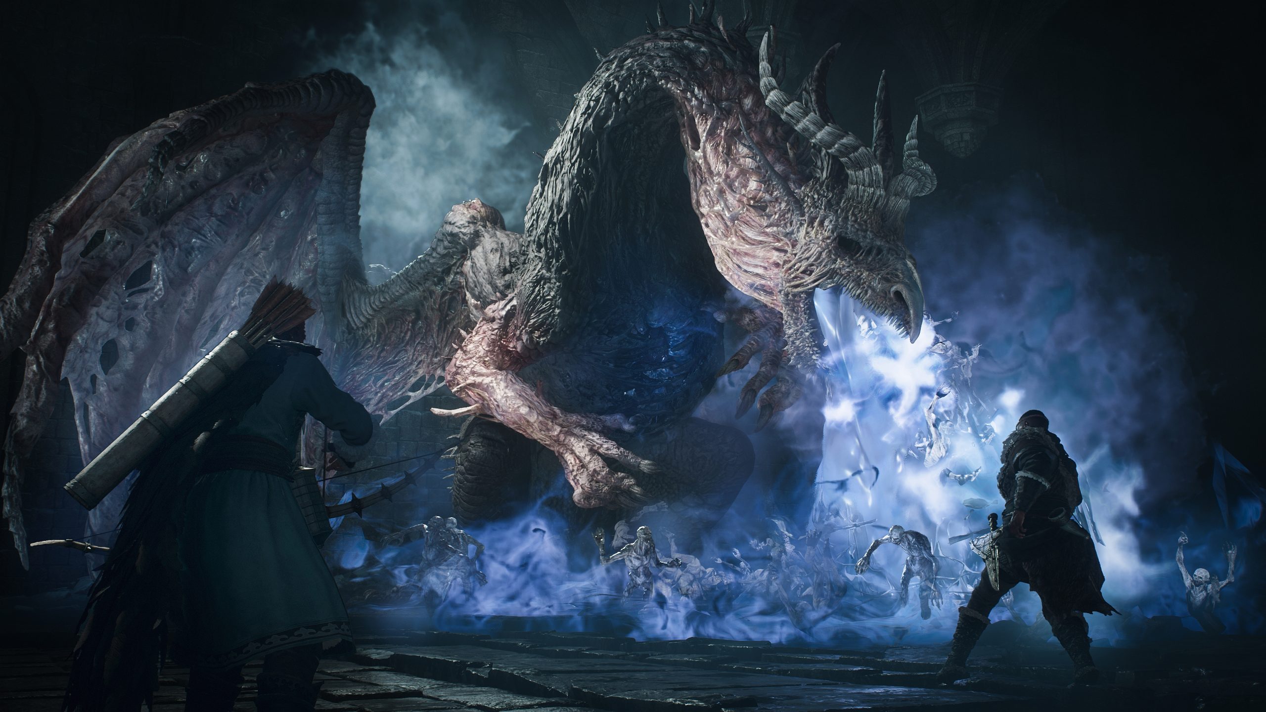 Two characters confront a large dragon in a mystical, fog-filled environment in a scene from the game Dragon's Dogma 2: Dark Arisen.