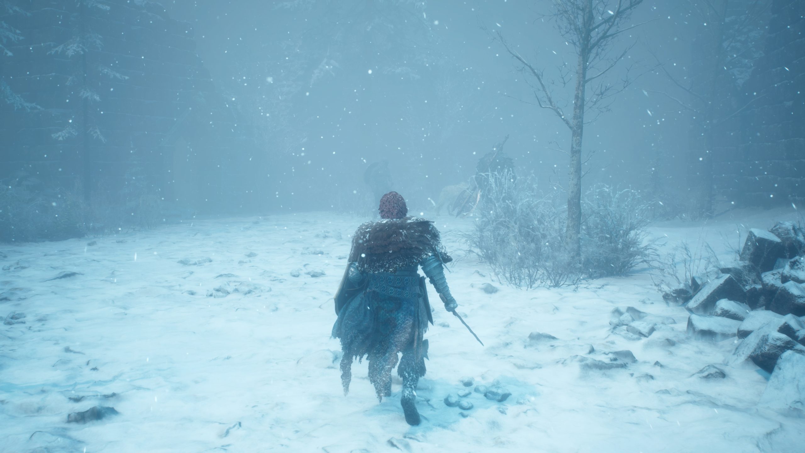 A character in the game Dragon's Dogma 2: Dark Arisen walks through a snowy landscape, surrounded by falling snow, wearing a fur-lined cloak and holding a sword.