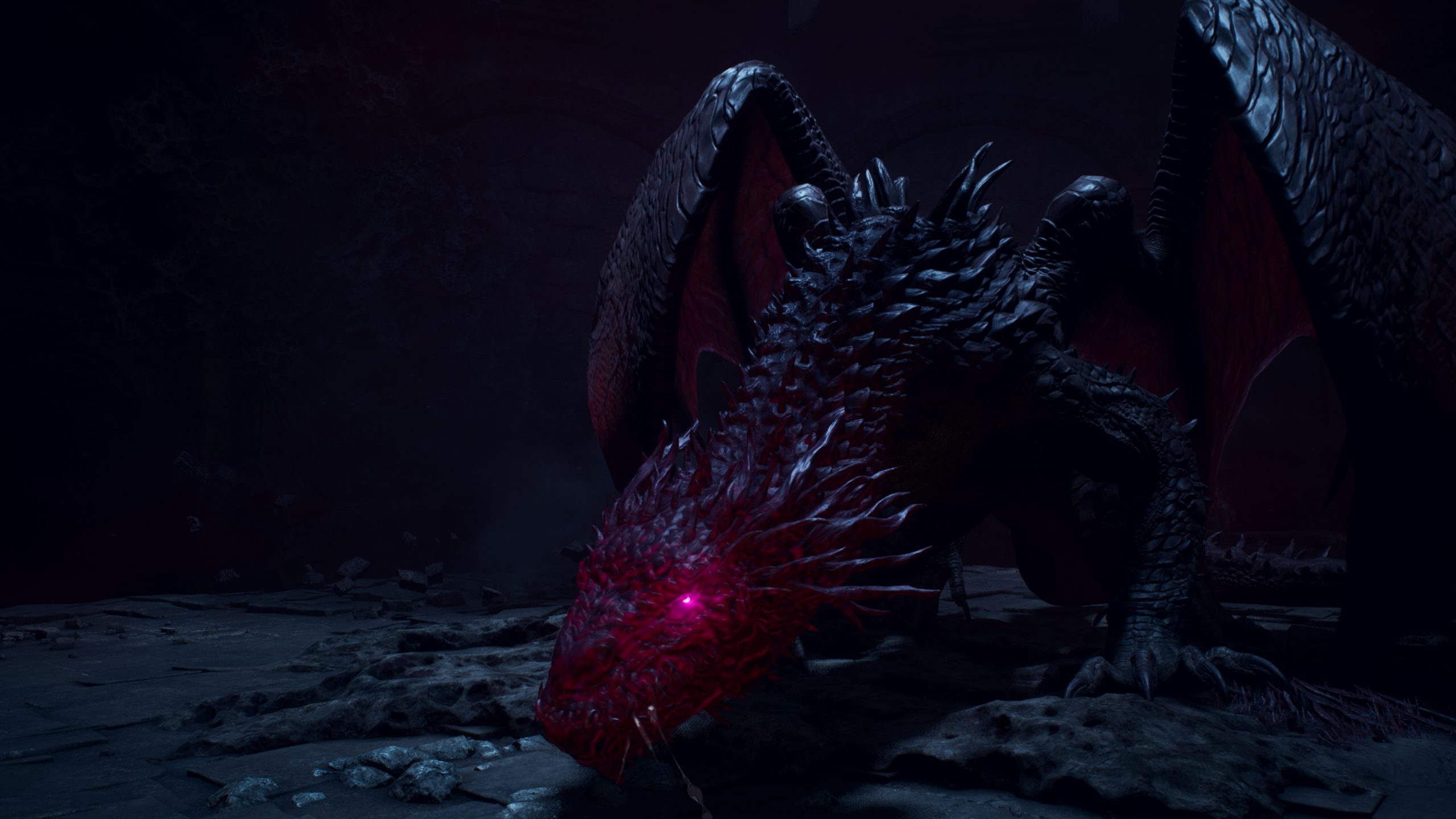 A menacing dragon with glowing red eyes in a dark cave setting, possibly from a fantasy video game.