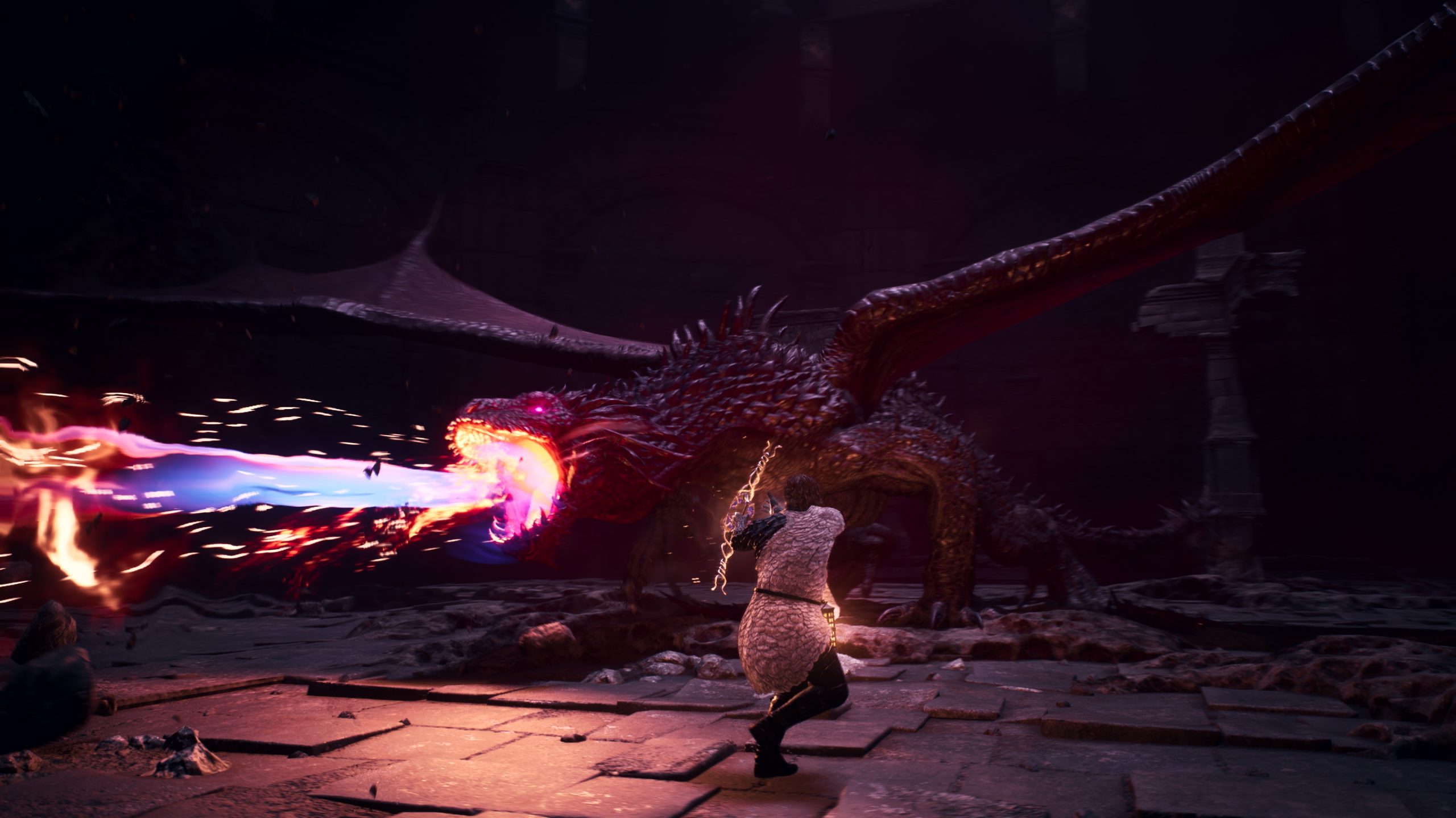 A character in a detailed armor is battling a dragon that is spewing a bright purple and blue flame in a dark, cavernous environment.