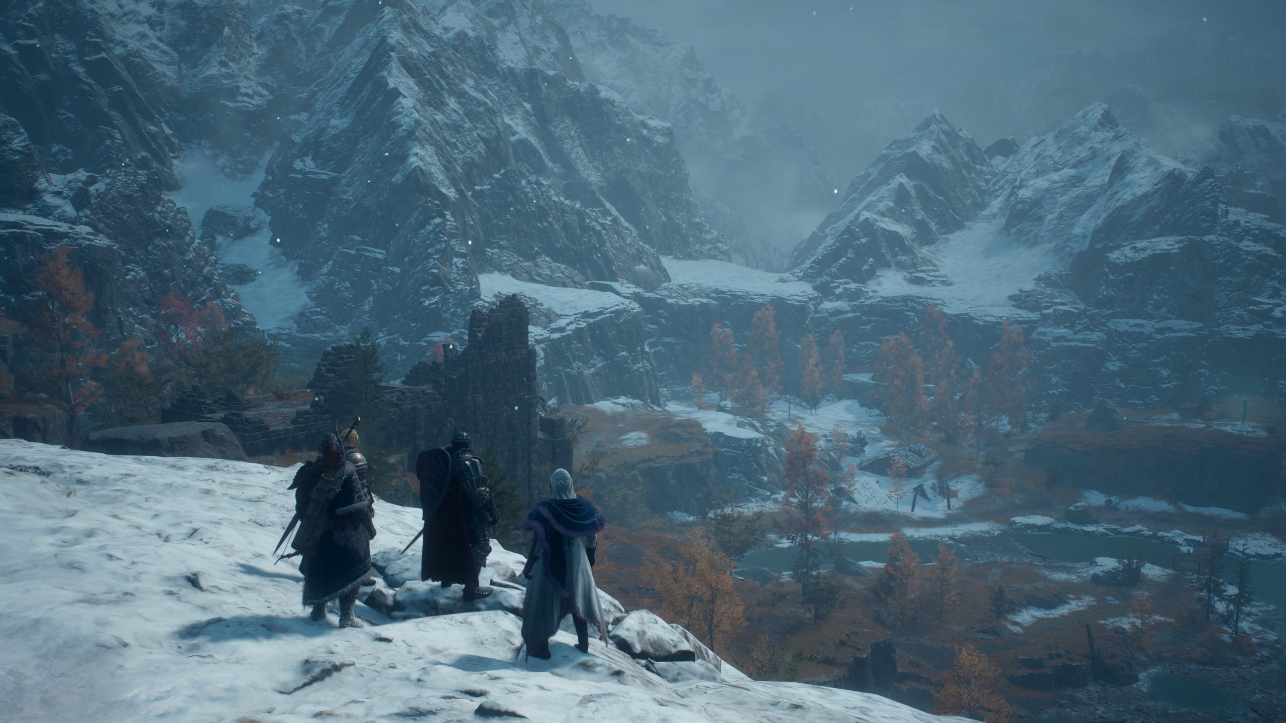 Three characters in snow-covered winter gear stand on a snowy mountain overlooking a vast, snowy valley in a fantasy setting.