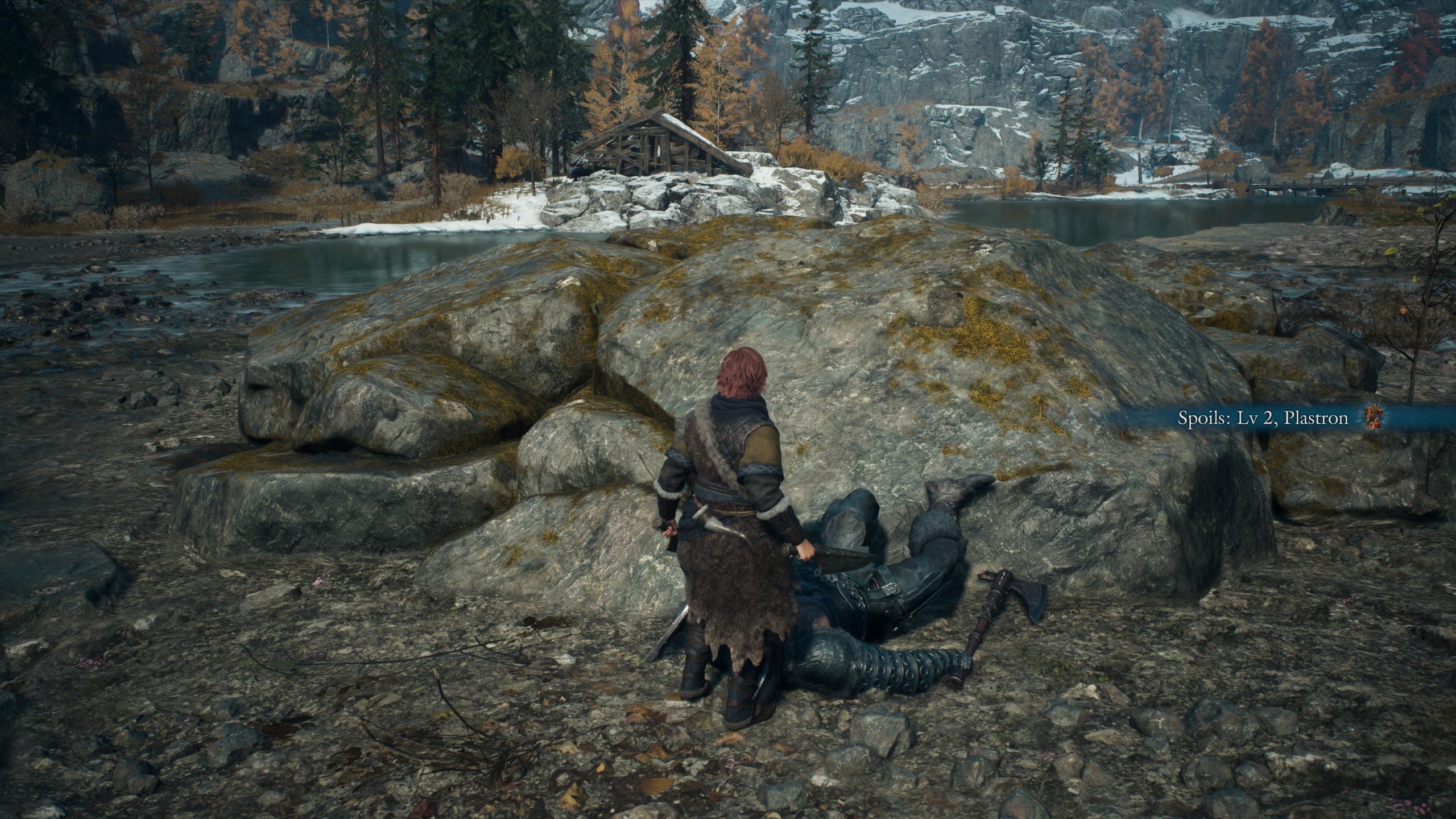 A character in a medieval setting inspects a defeated enemy while 'Spoils: Lv 2, Plastron' is displayed on the screen.