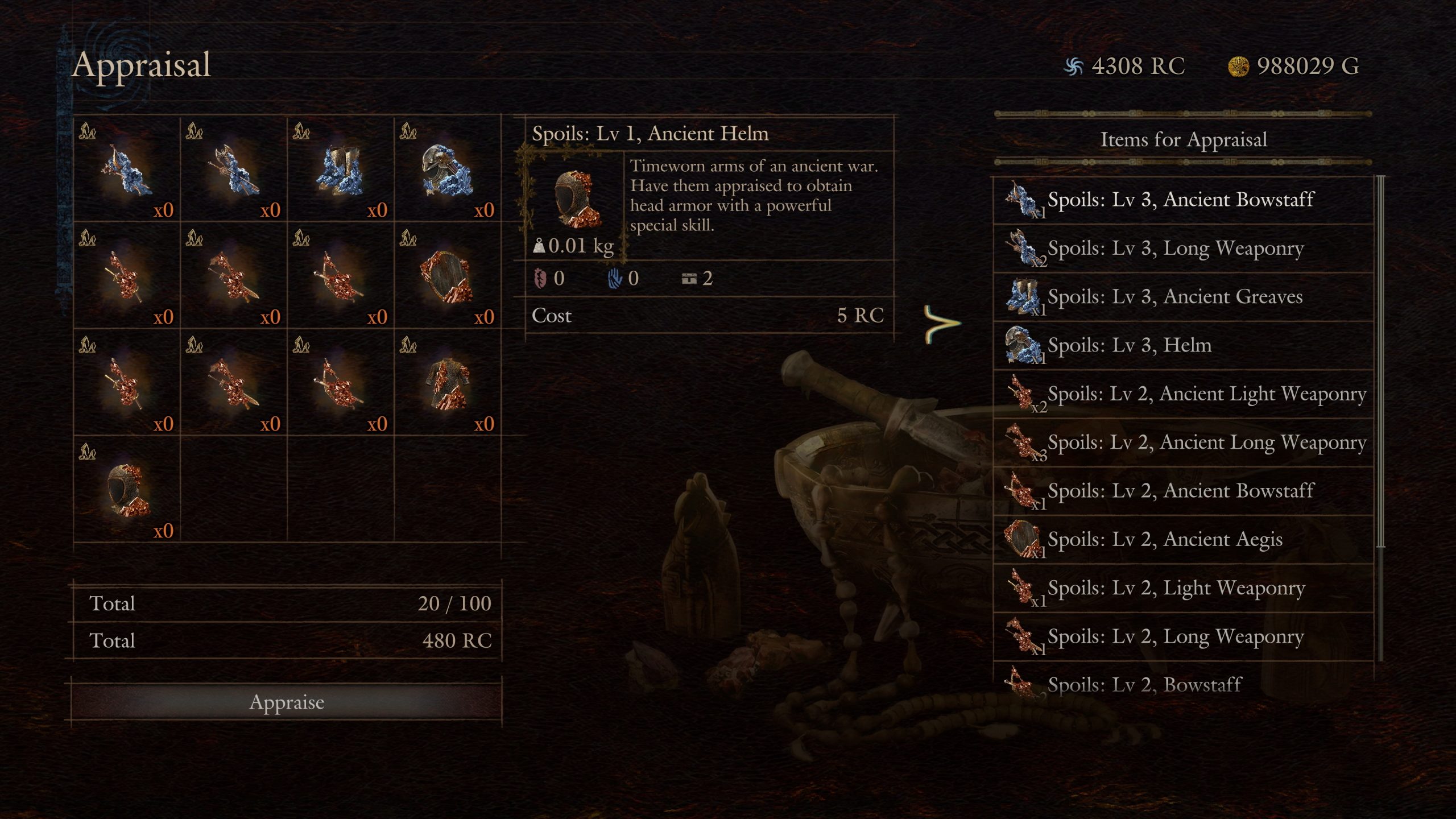 The game screen displays an 'Appraisal' menu with various spoil items for appraisal, such as 'Spoils: Lv 1, Ancient Helm,' listing their details and costs in RC.