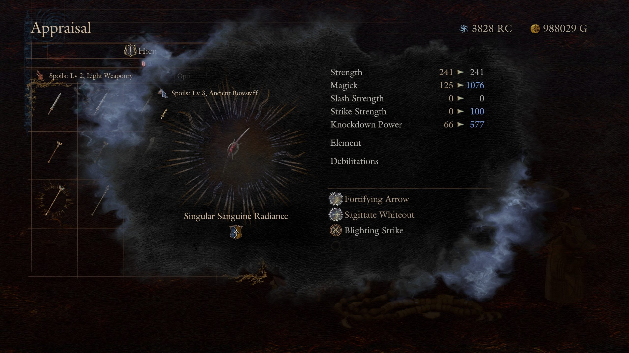 The screen shows an appraisal menu in a game with the item 'Singular Sanguine Radiance,' displaying stats such as Strength, Magick, and abilities like 'Fortifying Arrow' and 'Blighting Strike.'