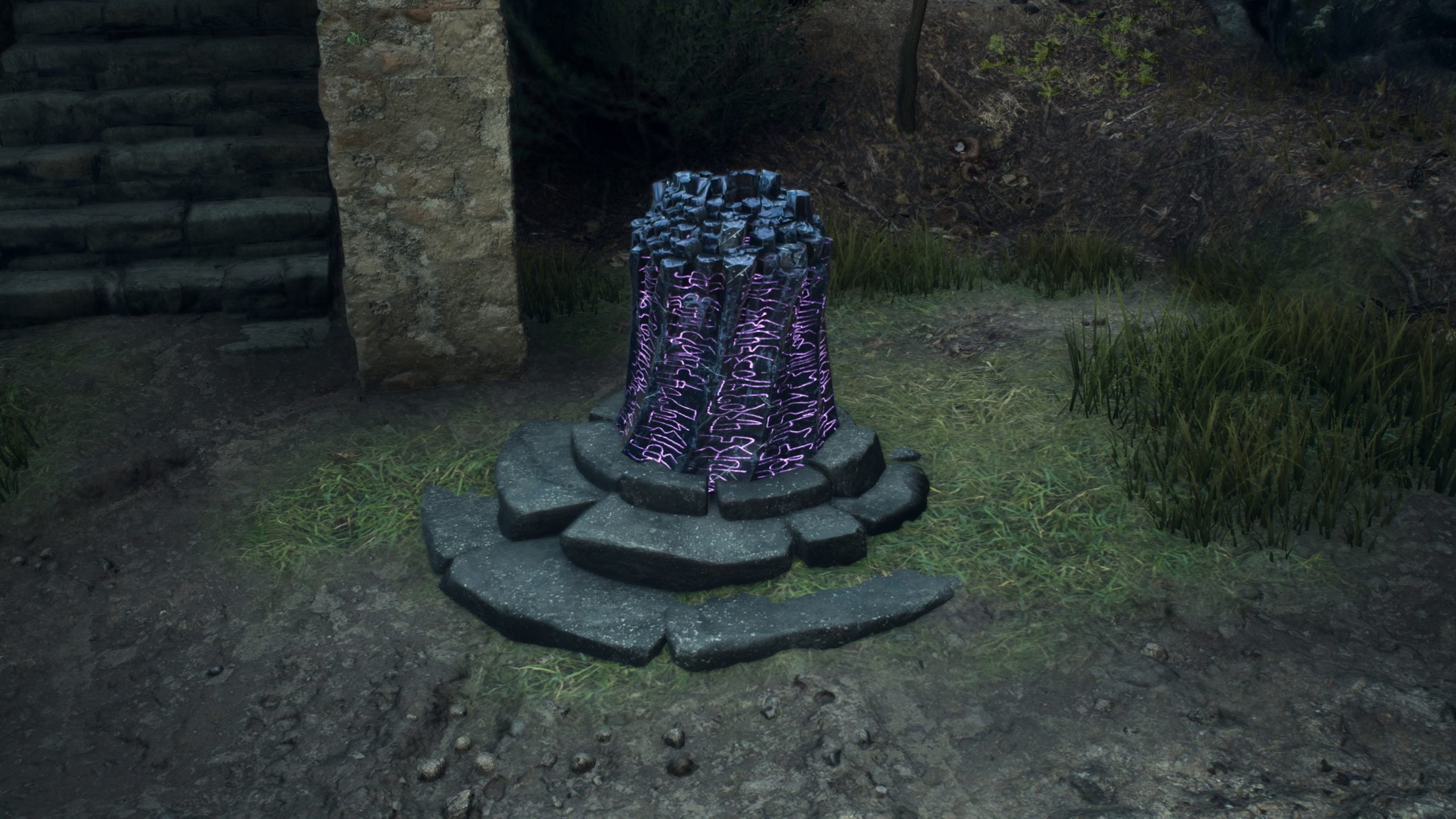 A mysterious stone structure with glowing purple runes stands in a grassy landscape near a stone wall and steps in a fantasy game setting.