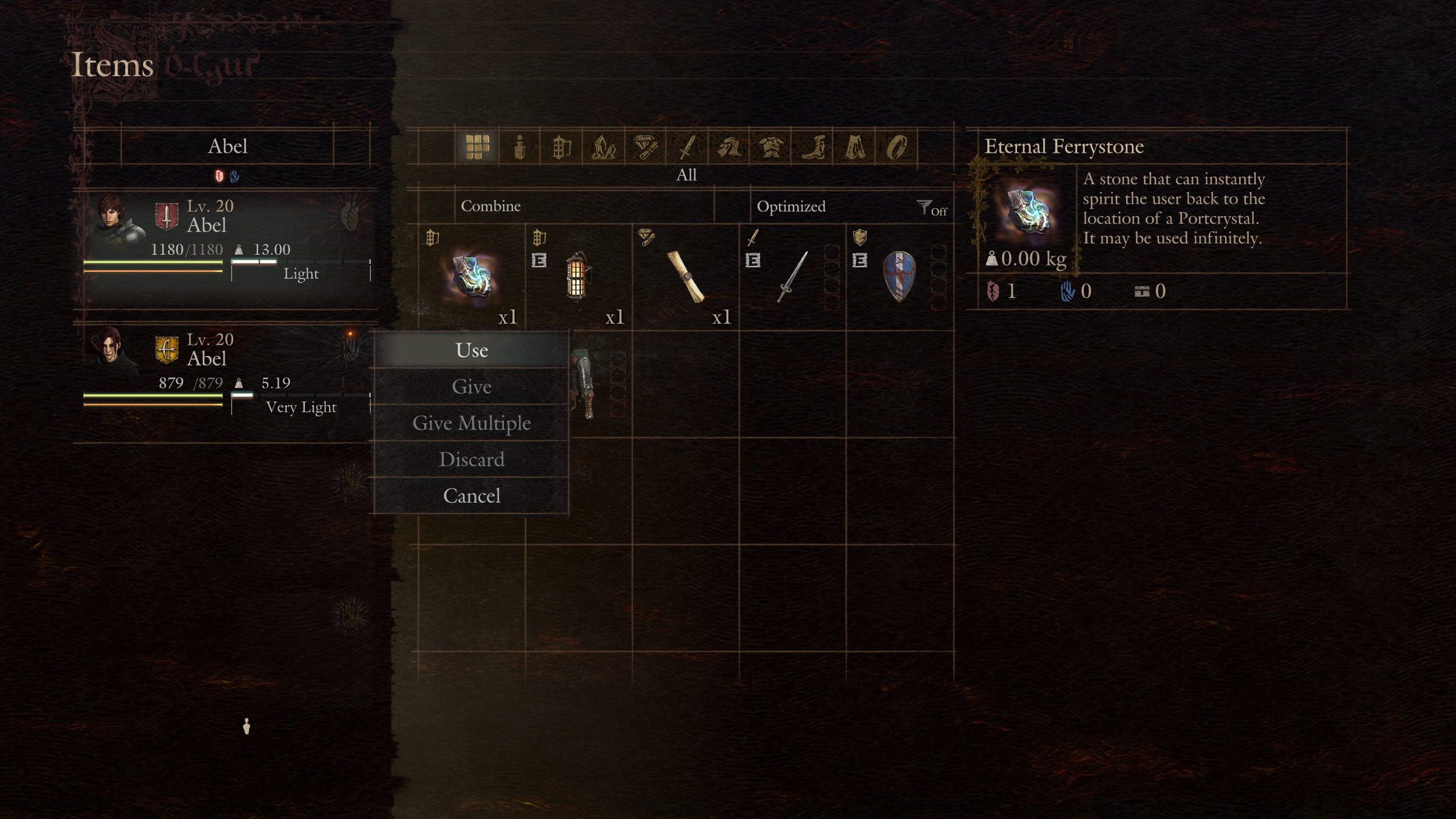 An in-game inventory screen from Dragon's Dogma shows two characters named Abel with levels 20, and an item titled 'Eternal Ferrystone' described as a stone for infinite teleportation, with the 'Use' option highlighted.