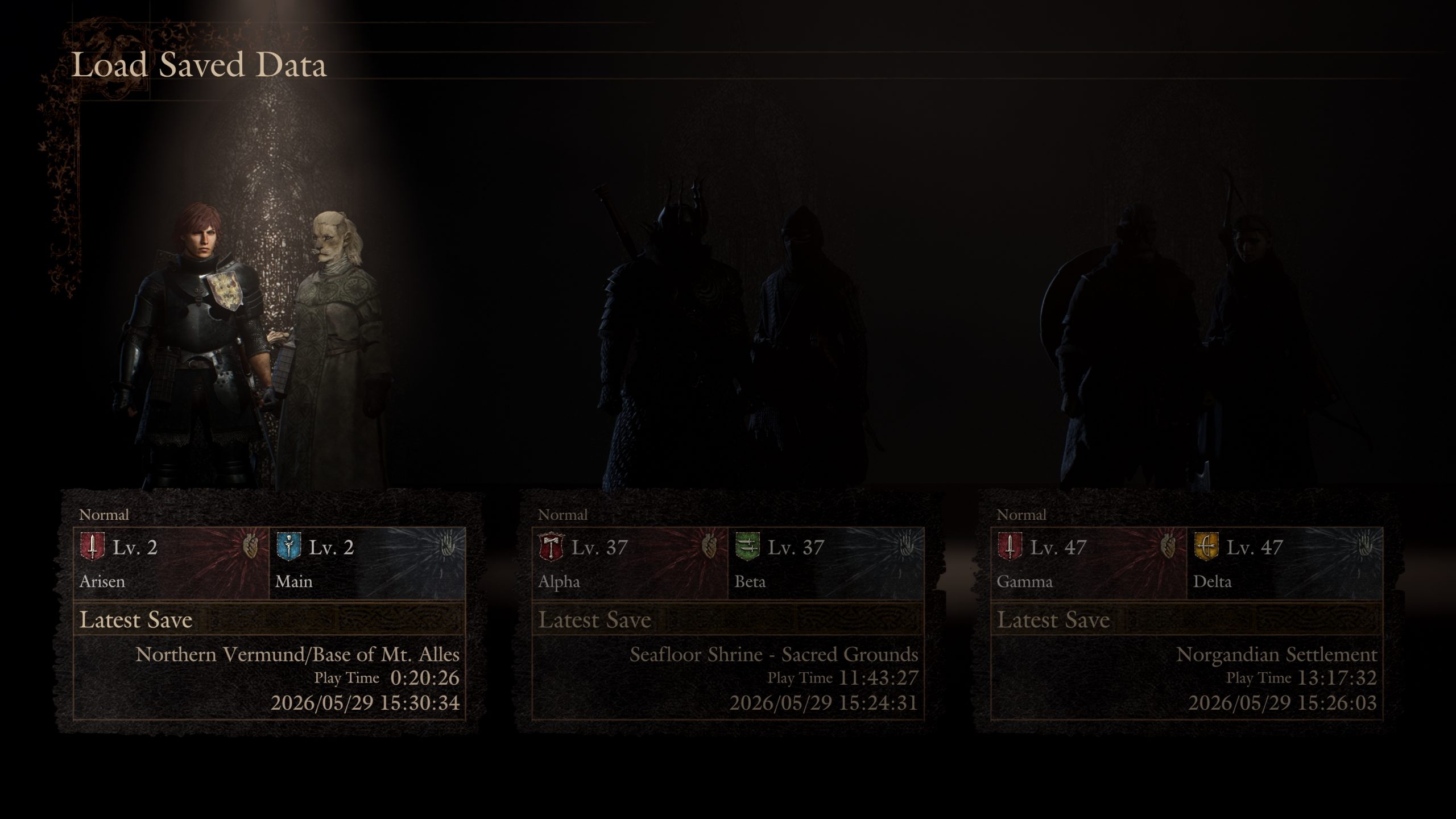 The game 'Load Saved Data' screen from Dragon's Dogma 2 shows three saved profiles with character levels and playtimes, including 'Arisen' and 'Main' at Level 2 and 'Northern Vermund/Base of Mt. Alles' with 'Play Time 0:20:26.'