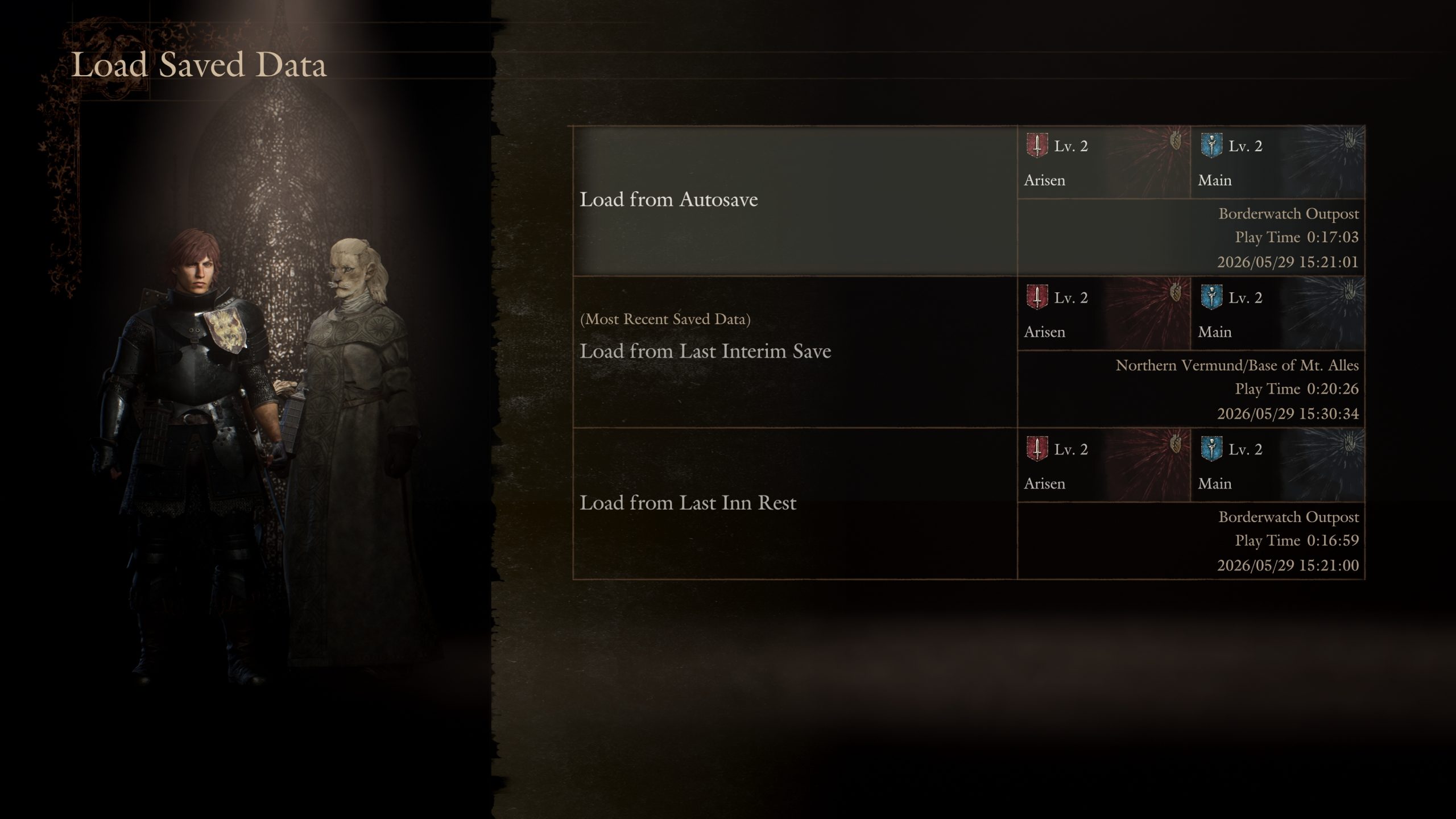 A 'Load Saved Data' menu in a game showing three save options with characters at level 2, located at Borderwatch Outpost and Northern Vermund/Base of Mt. Alles, with play times recorded for each save.