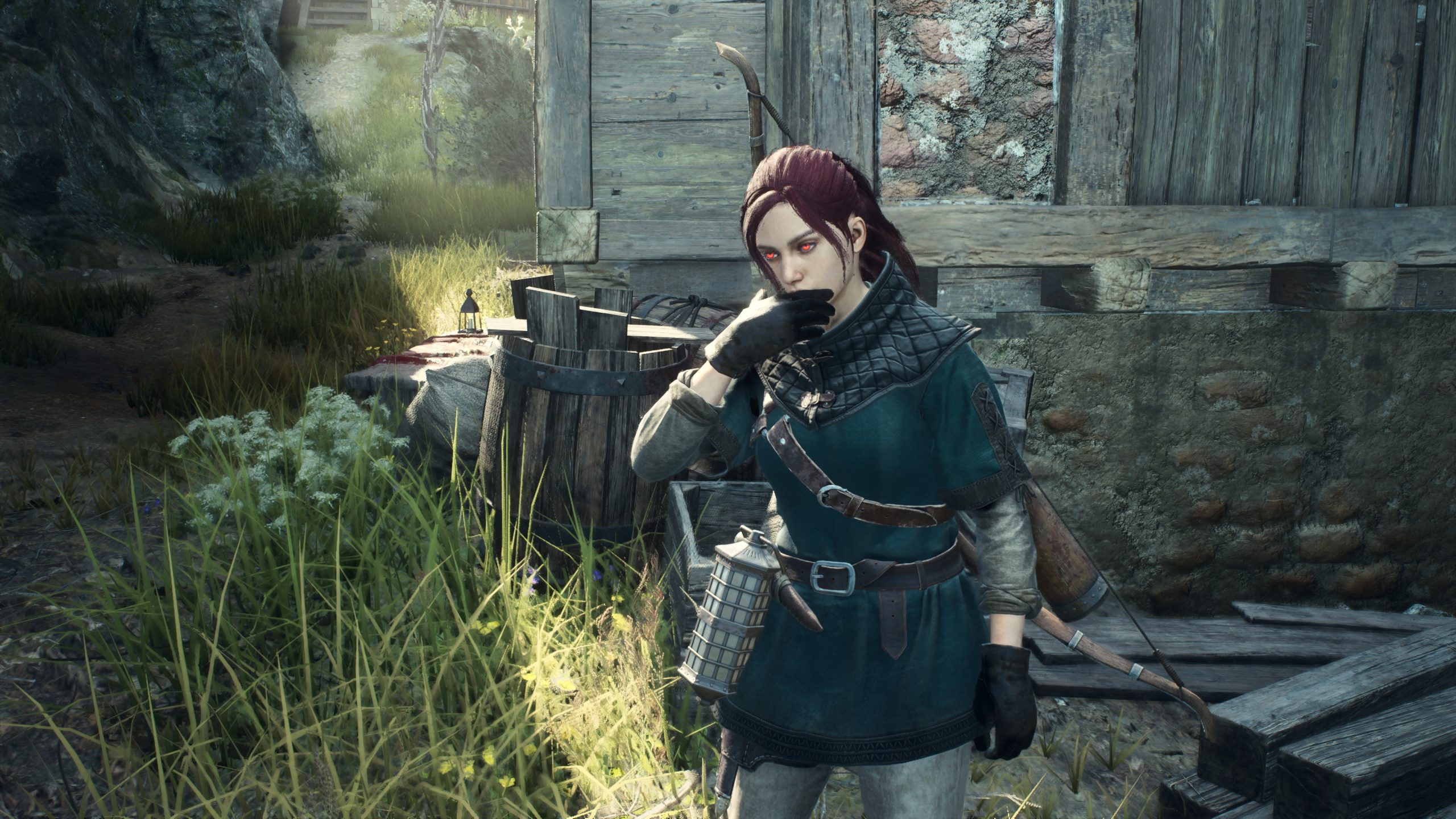 A character with red eyes stands thoughtfully in a grassy area in the game 'Lies of P.'
