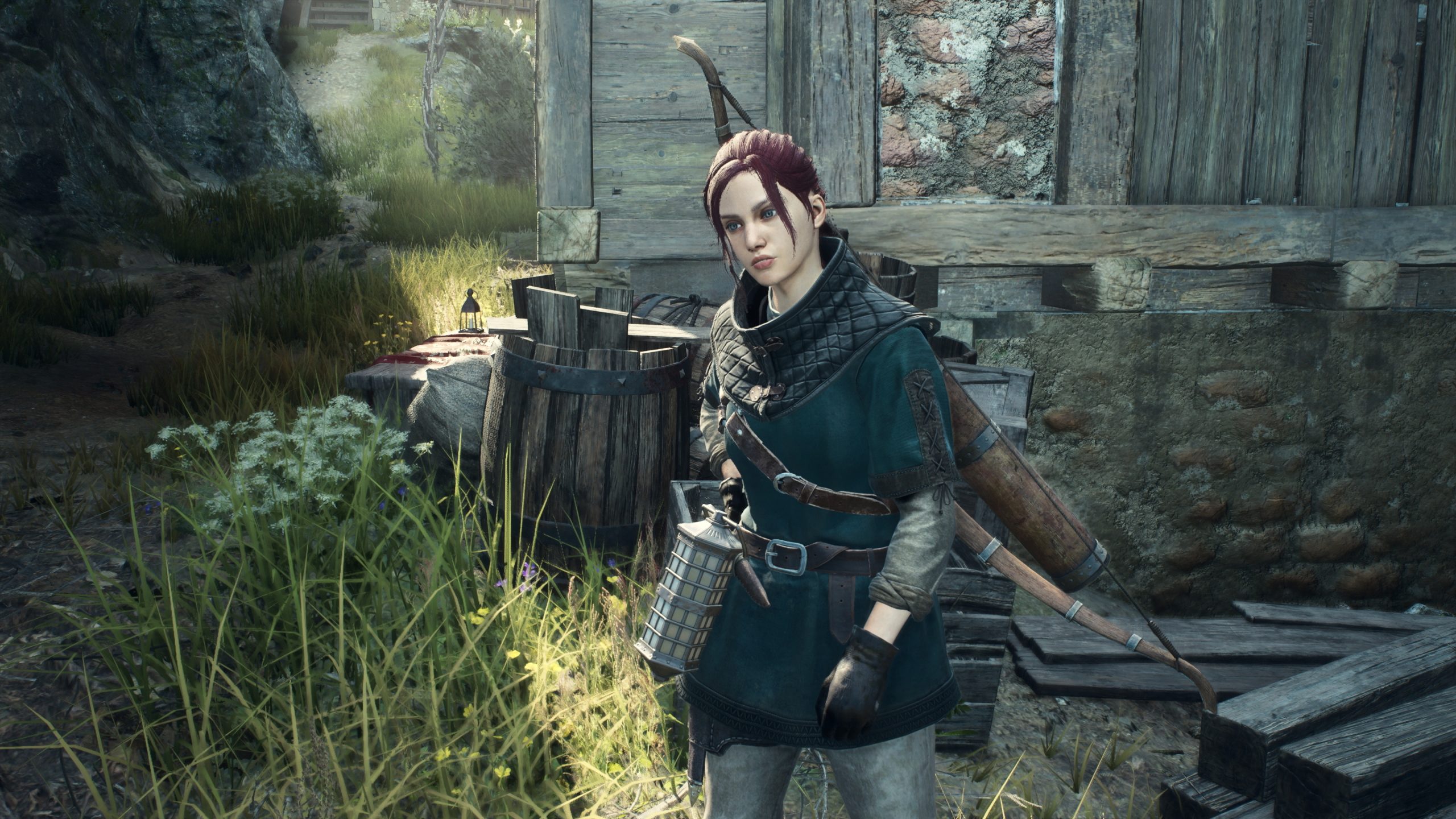 A character stands with a quiver and lantern in a rustic, medieval setting, surrounded by plants and wooden barrels.