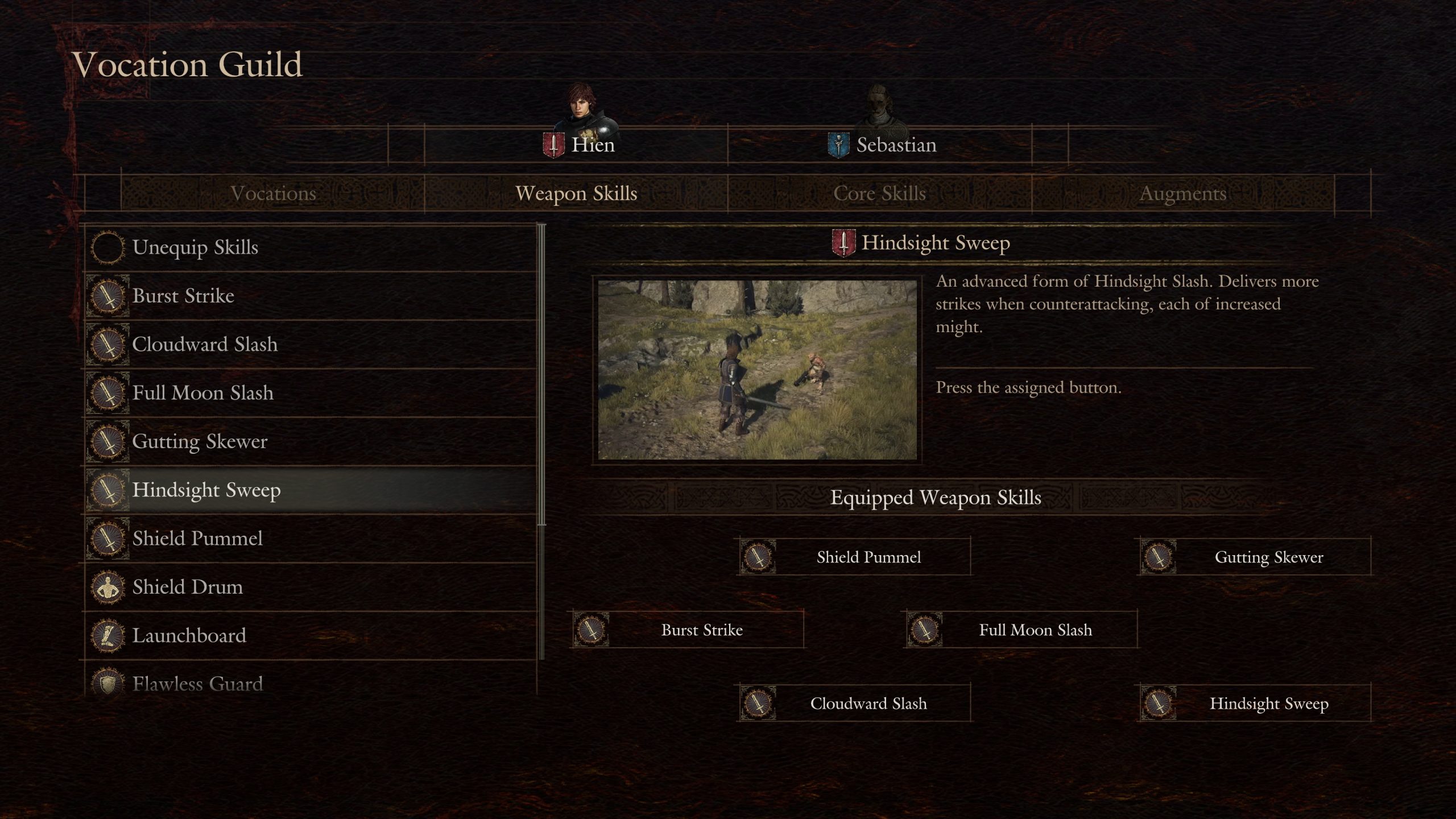The game screen from 'Vocation Guild' shows the character Hien with weapon skills including 'Hindsight Sweep,' described as an advanced counterattacking move.