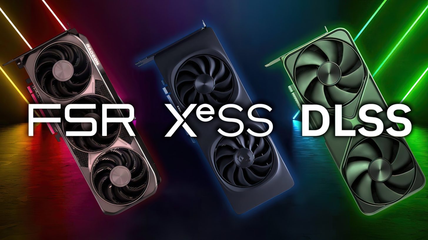 Three graphics cards with glowing backdrops are labeled with 'FSR,' 'XeSS,' and 'DLSS' text overlayed.
