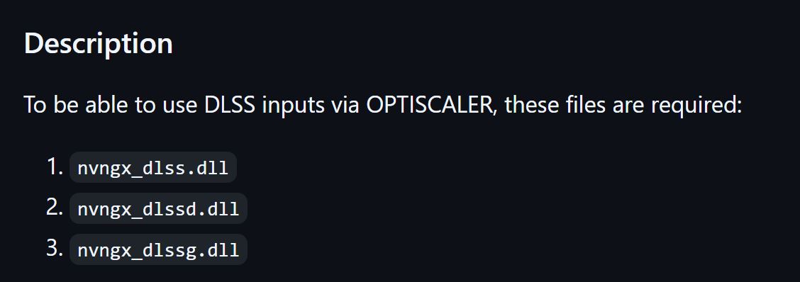 A list titled 'Description' shows required files for DLSS inputs via OPTISCALER, including nvngx_dlss.dll, nvngx_dlssd.dll, and nvngx_dlssg.dll.