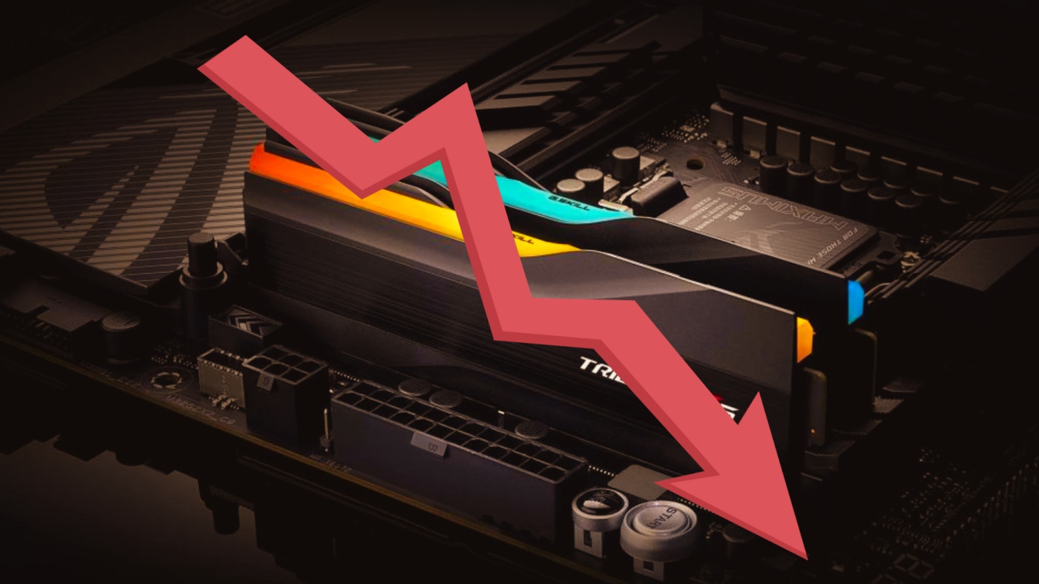 A G.Skill TridentZ RGB RAM module on a motherboard with a red downward arrow overlay.
