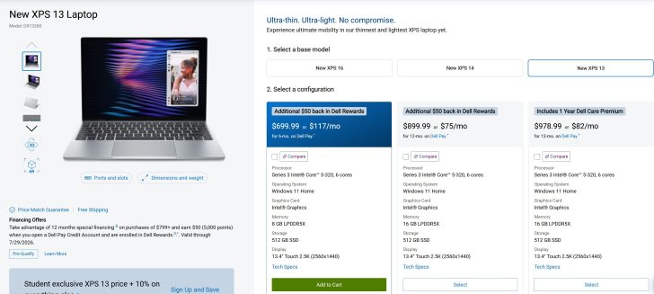 Dell XPS 13 Laptop model DX13260 is shown with Series 3 Intel Core 5-320, 8GB LPDDR5X RAM, and 512GB SSD, available at $699.99 or $117/mo with options for upgrade and financing.