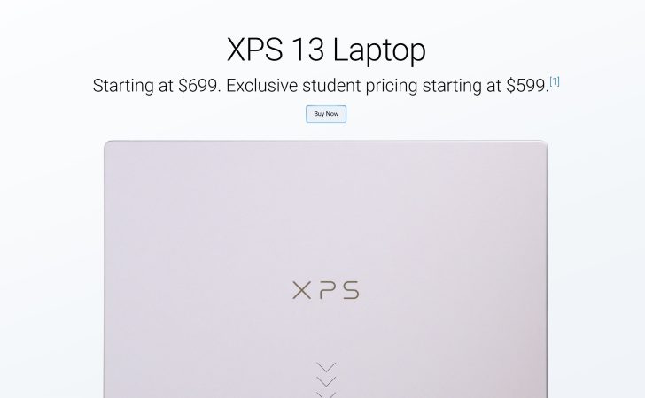 The image shows a Dell XPS 13 laptop with text displaying 'XPS 13 Laptop' and pricing details of 'Starting at $699. Exclusive student pricing starting at $599.'