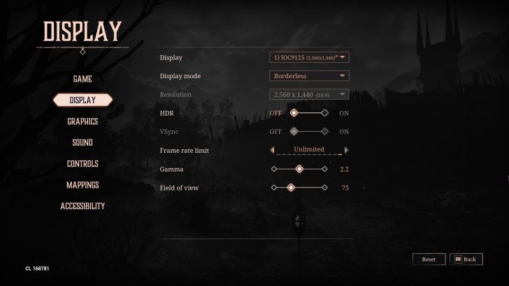 A video game's display settings menu shows options like 'Display mode: Borderless' and 'Resolution: 2,560 x 1,440' with various settings such as HDR, VSync, and Frame rate limit set to 'Unlimited'.