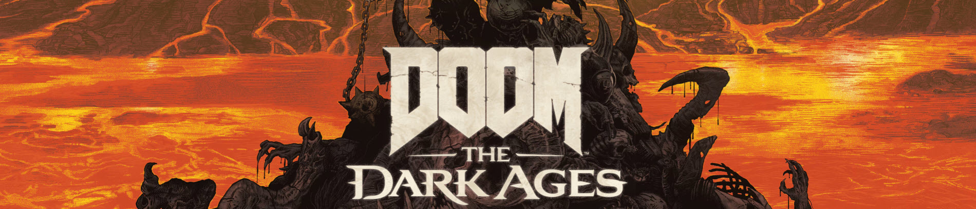 An illustration features a demonic landscape with the text 'DOOM: The Dark Ages' prominently displayed, set against a fiery background.