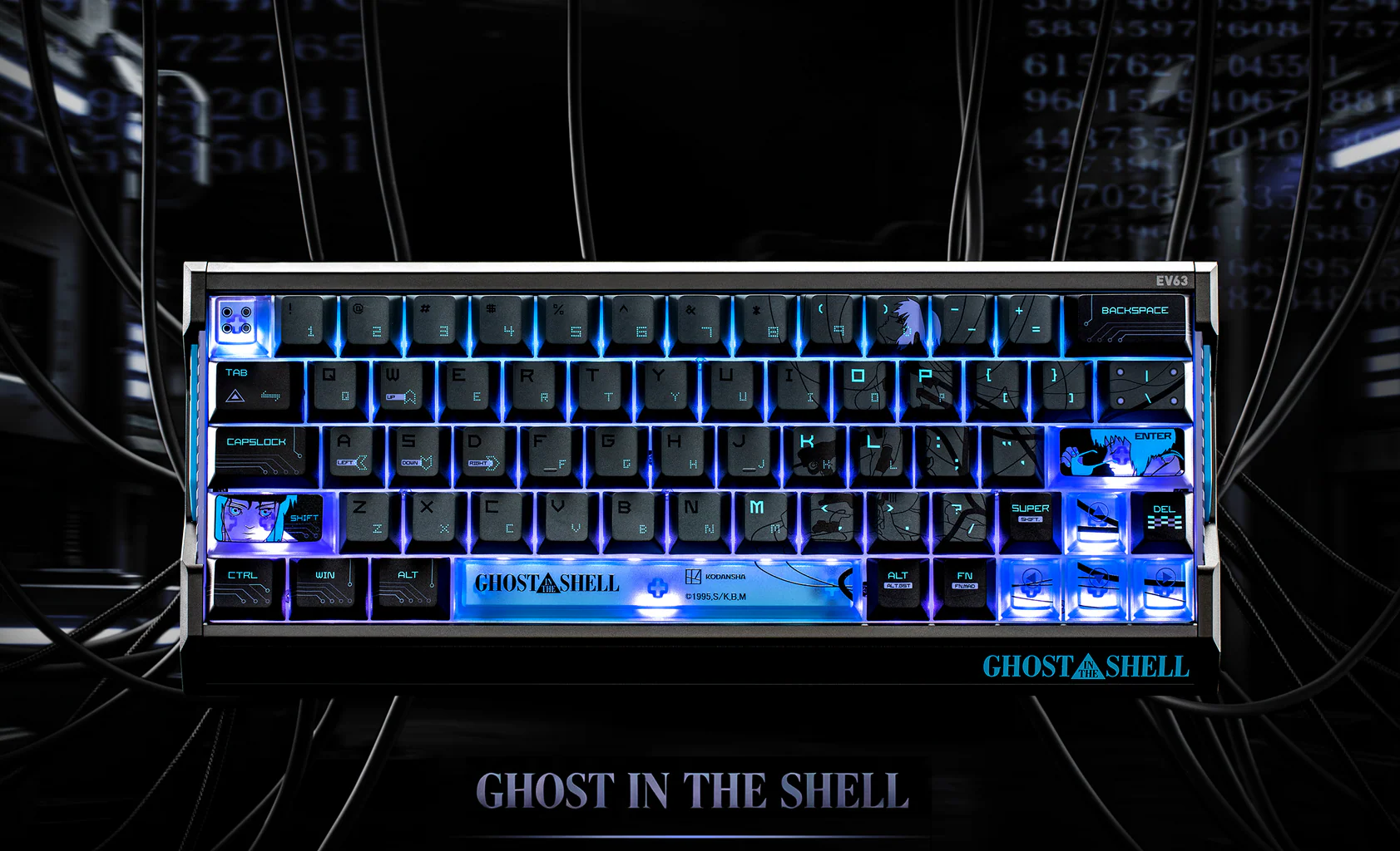 A mechanical keyboard themed with 'Ghost in the Shell' features backlit keys and custom artwork, marked with the model EV63 on the top right corner.